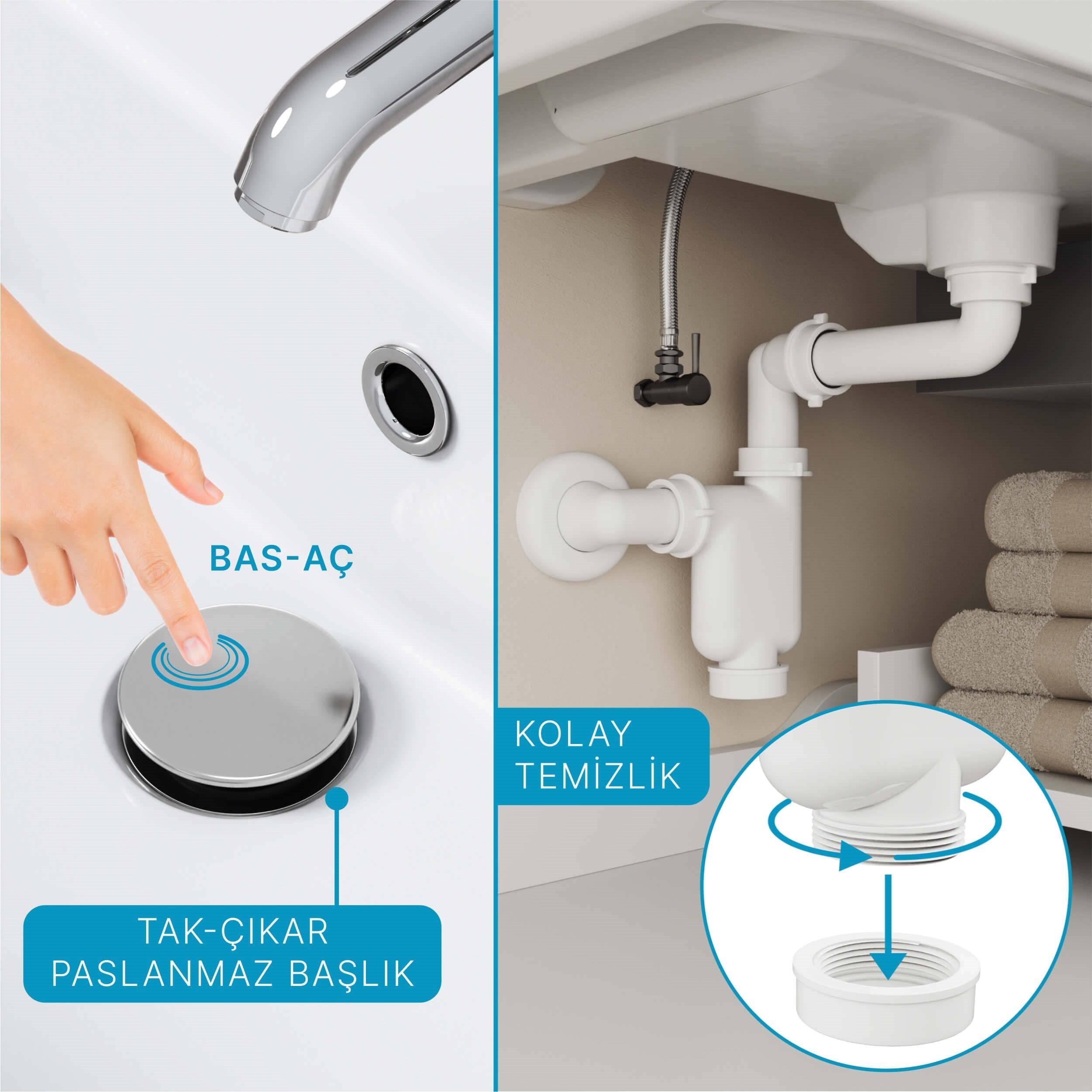 Aqua Bagno  Smart Pop-up  sifon , Taşma Delikli  Krom +Comfort Yer Kazandıran Lavabo  sifonu -2 Parç