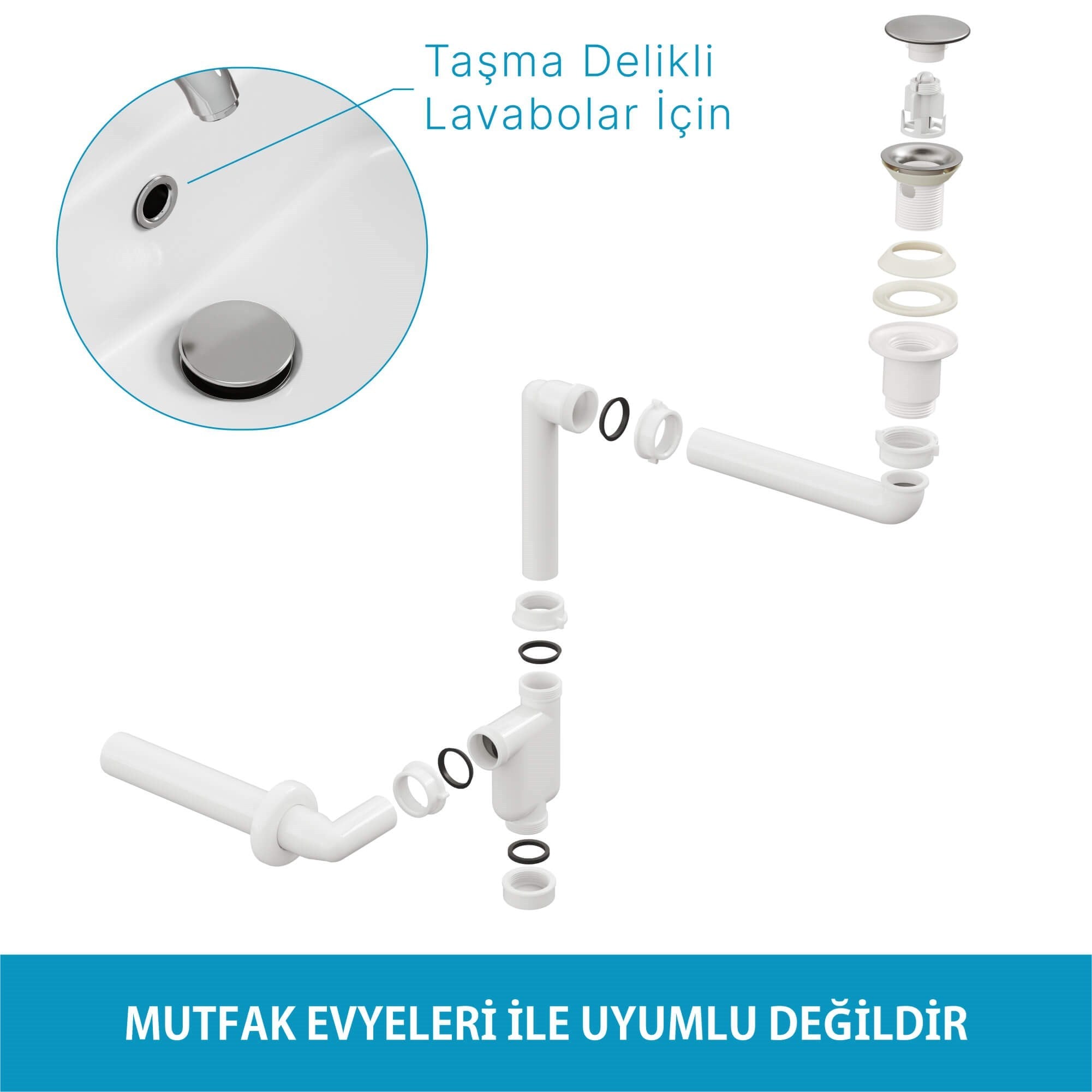 Aqua Bagno  Smart Pop-up  sifon , Taşma Delikli  Krom +Comfort Yer Kazandıran Lavabo  sifonu -2 Parç