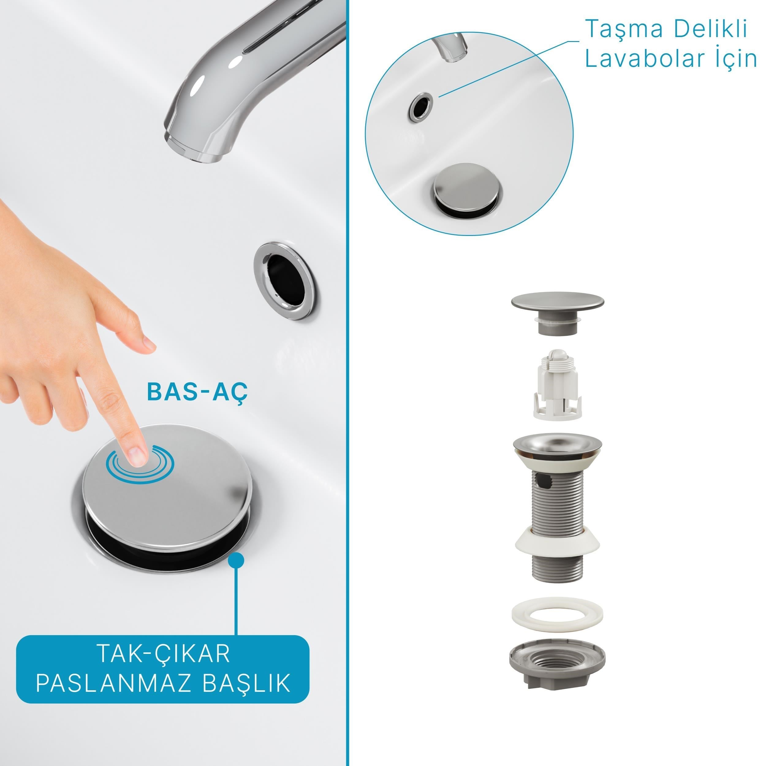 Aqua Bagno Smart Taşma Delikli Pop-up Sifon , Parlak Krom  Başlıklı ,  (1 -1/4) | 90.99.05.08.02