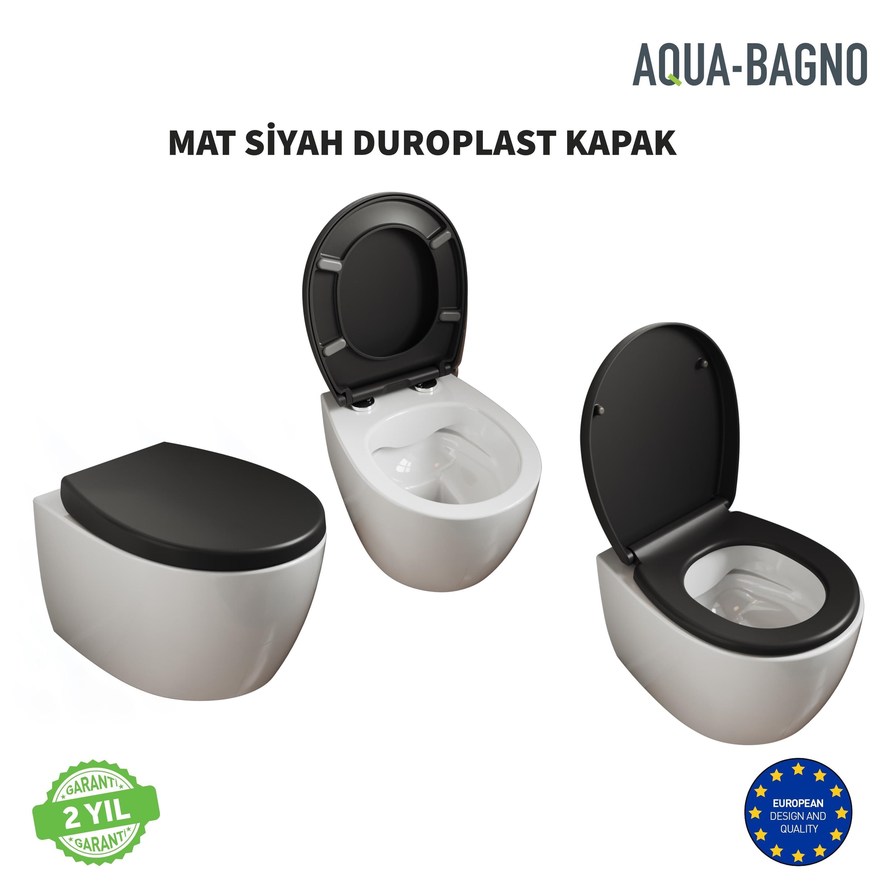 Aqua Bagno Smile Yavaş Kapanan Klozet Kapağı, Mat Siyah, Tak Çıkar, Duroplast | 90.99.50.32