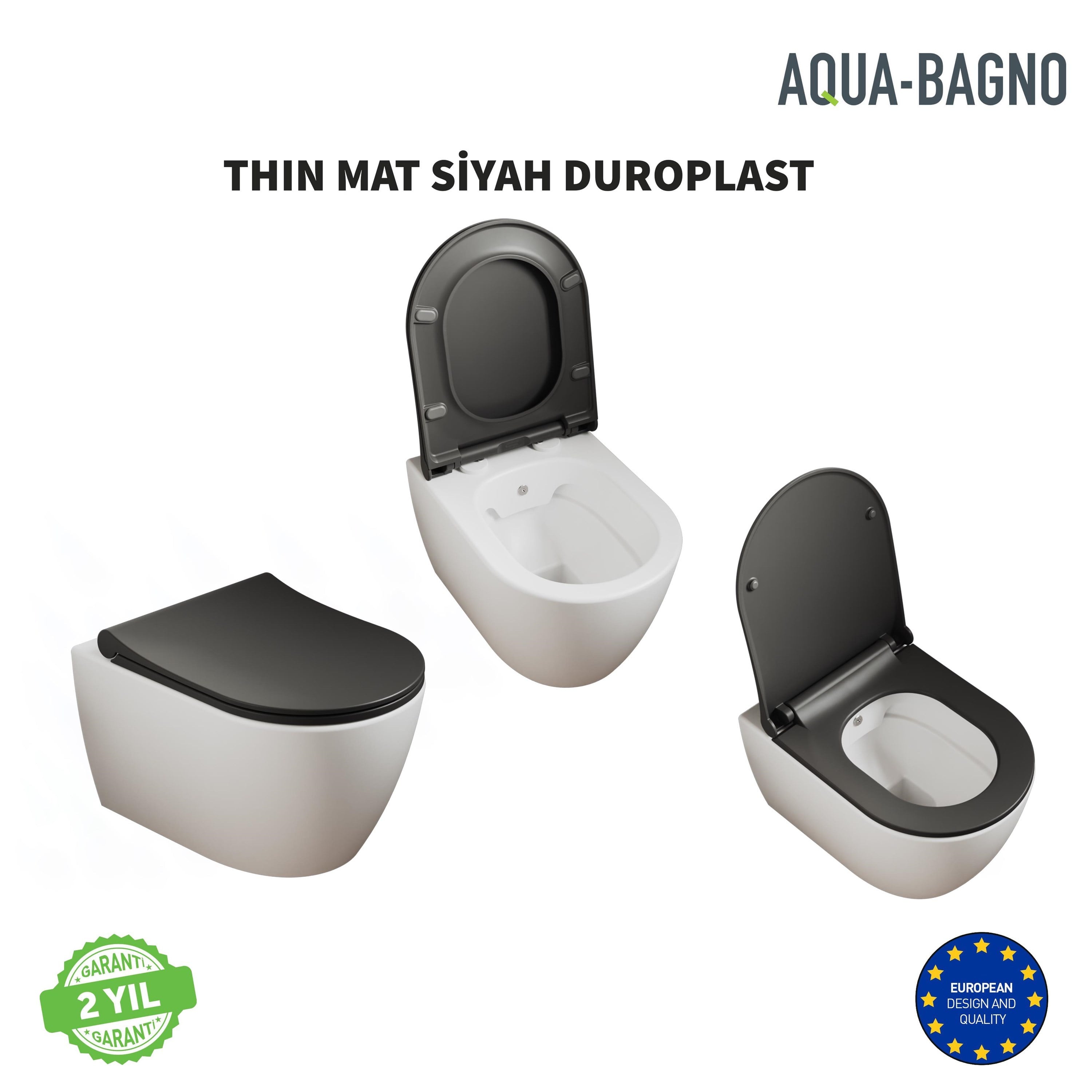 Aqua Bagno Thin Klozet Kapağı, Mat Siyah, Tak Çıkar - Yavaş Kapanan, Duroplast | 90.99.50.34