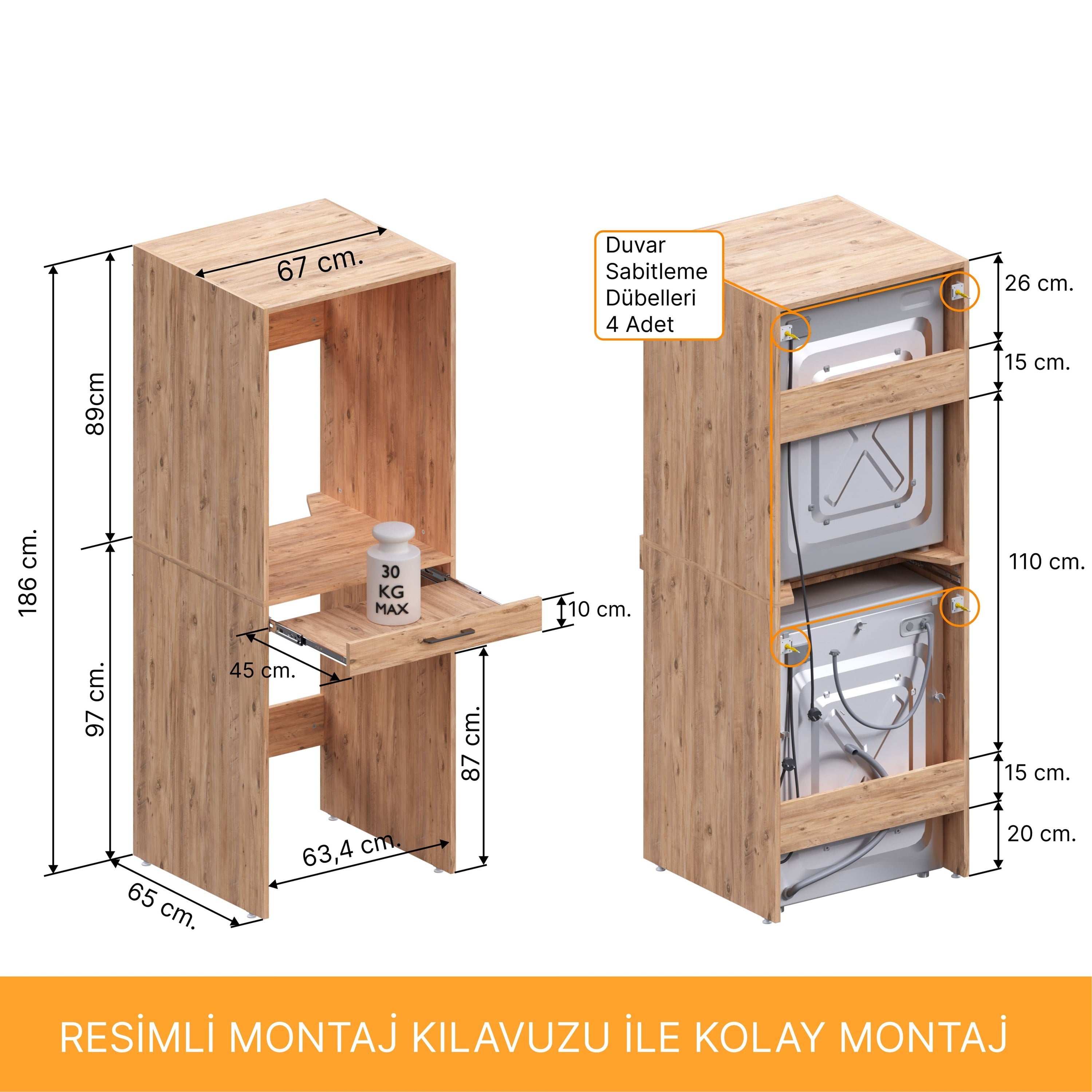 Aqua Bagno Urban Smartbox Çamaşır ve Kurutma Makinesi Dolabı - Çekmeceli, Atlantik  Çam -2 Parça Set | ABS.50.01.04.01
