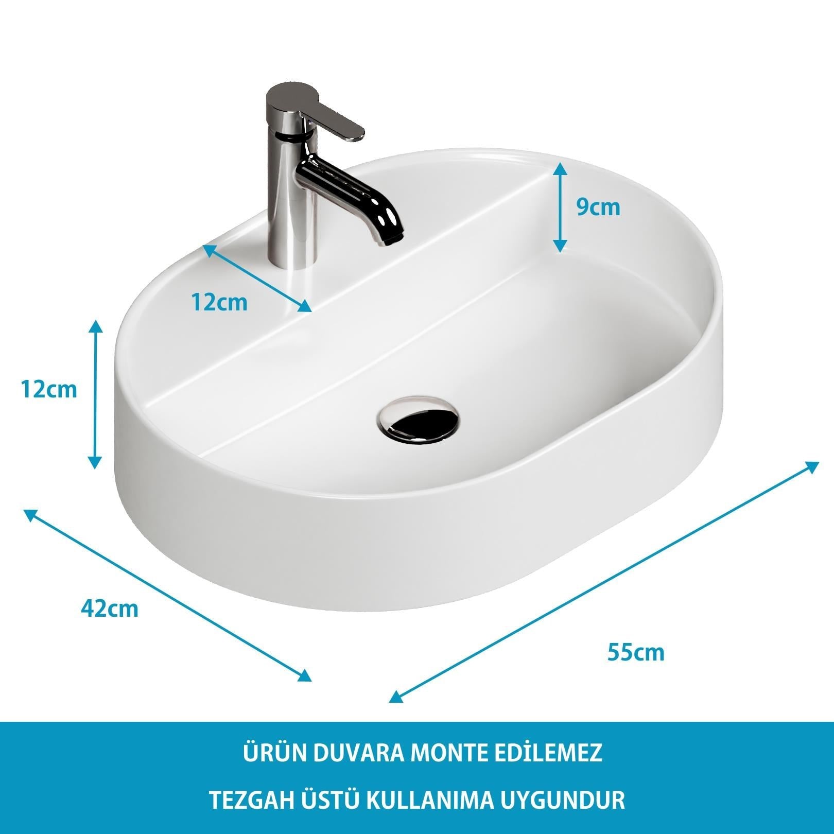 Bianzo Tezgah Üstü Lavabo, Batarya Delikli,  55x42 cm Beyaz | 10.16.30.10.01