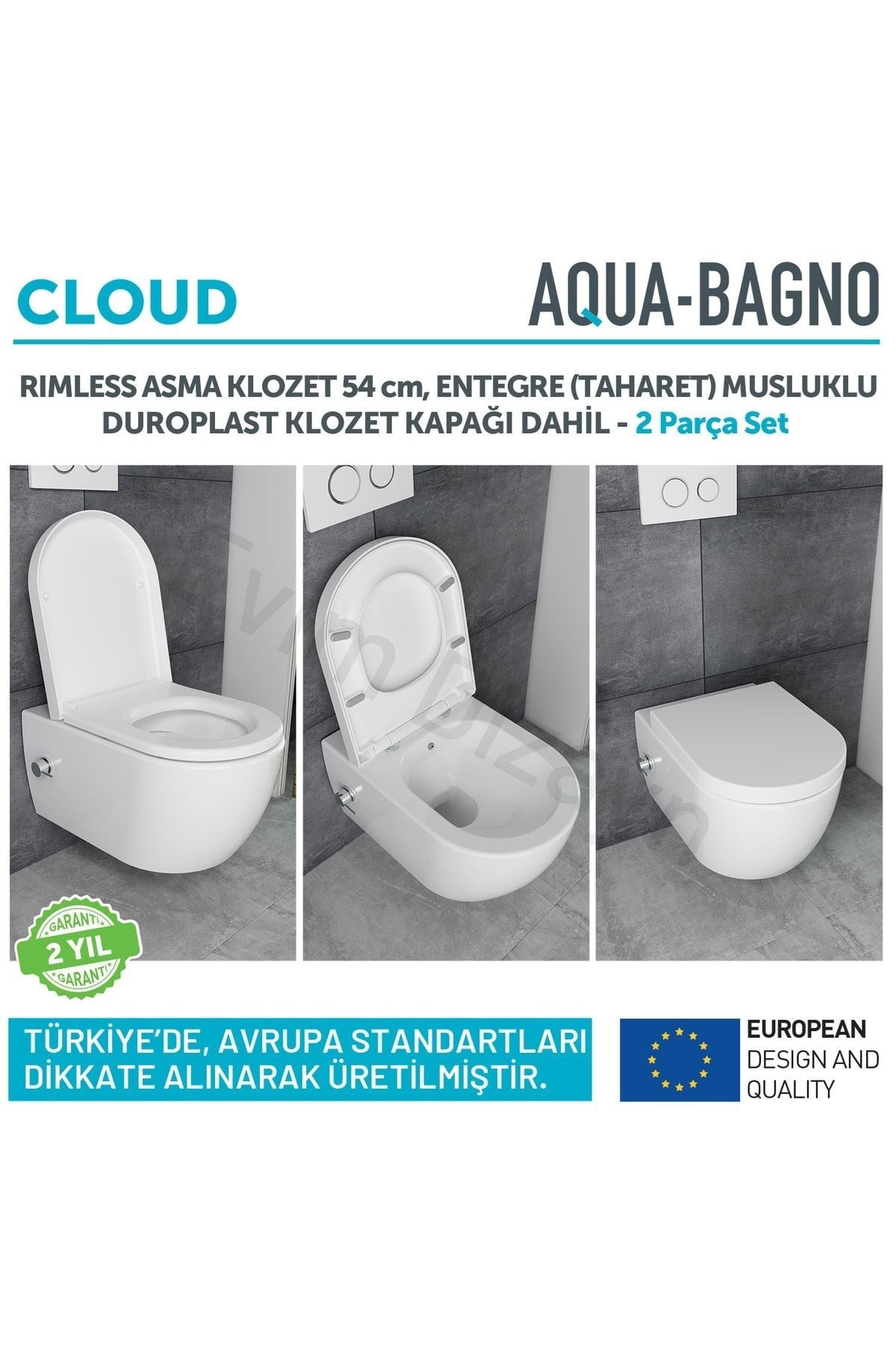 Cloud Asma Klozet 54 cm, Entegre Bataryalı Soğuk Su Girişli, Beyaz, Kapak Dahil - 2 Parça | 17.10.54.1.RL.TV