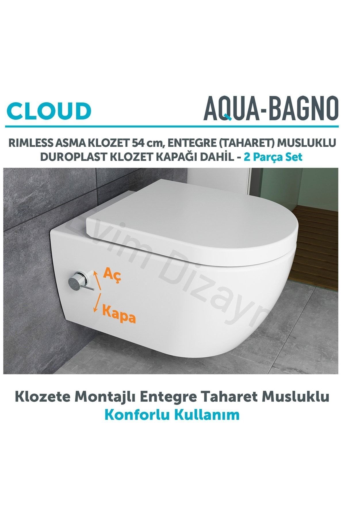 Cloud Asma Klozet 54 cm, Entegre Bataryalı Soğuk Su Girişli, Beyaz, Kapak Dahil - 2 Parça | 17.10.54.1.RL.TV
