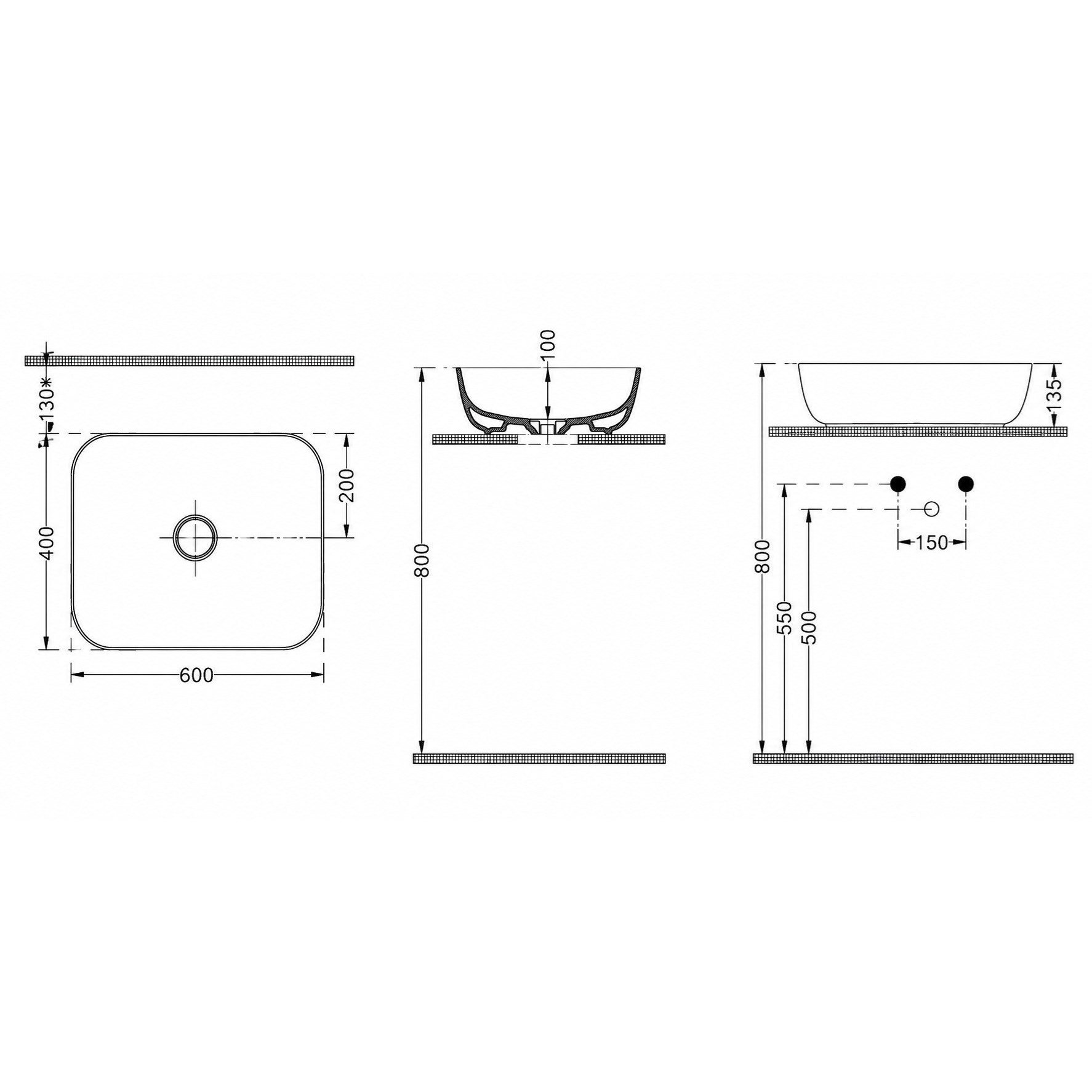 Dura Bagno Orfe Çanak Lavabo 60x40 cm. Batarya Deliksiz Tezgah Üstü Beyaz | 5851