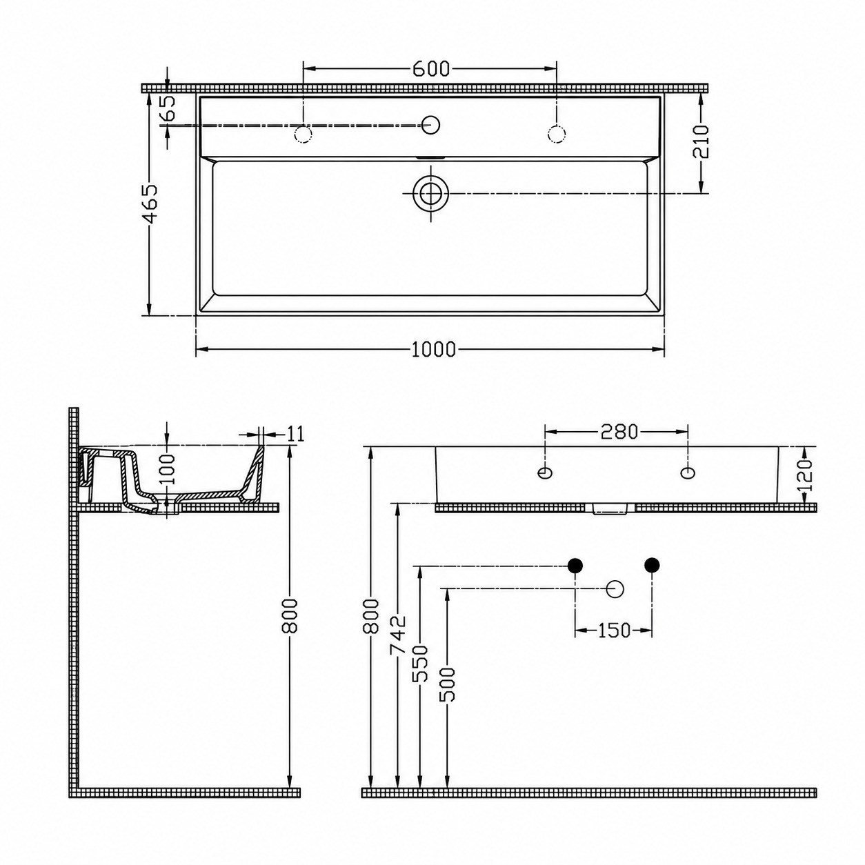 Dura Niva Kare Çanak Lavabo 100x46,5 cm Tezgah Üstü Batarya Delikli Beyaz | 5256