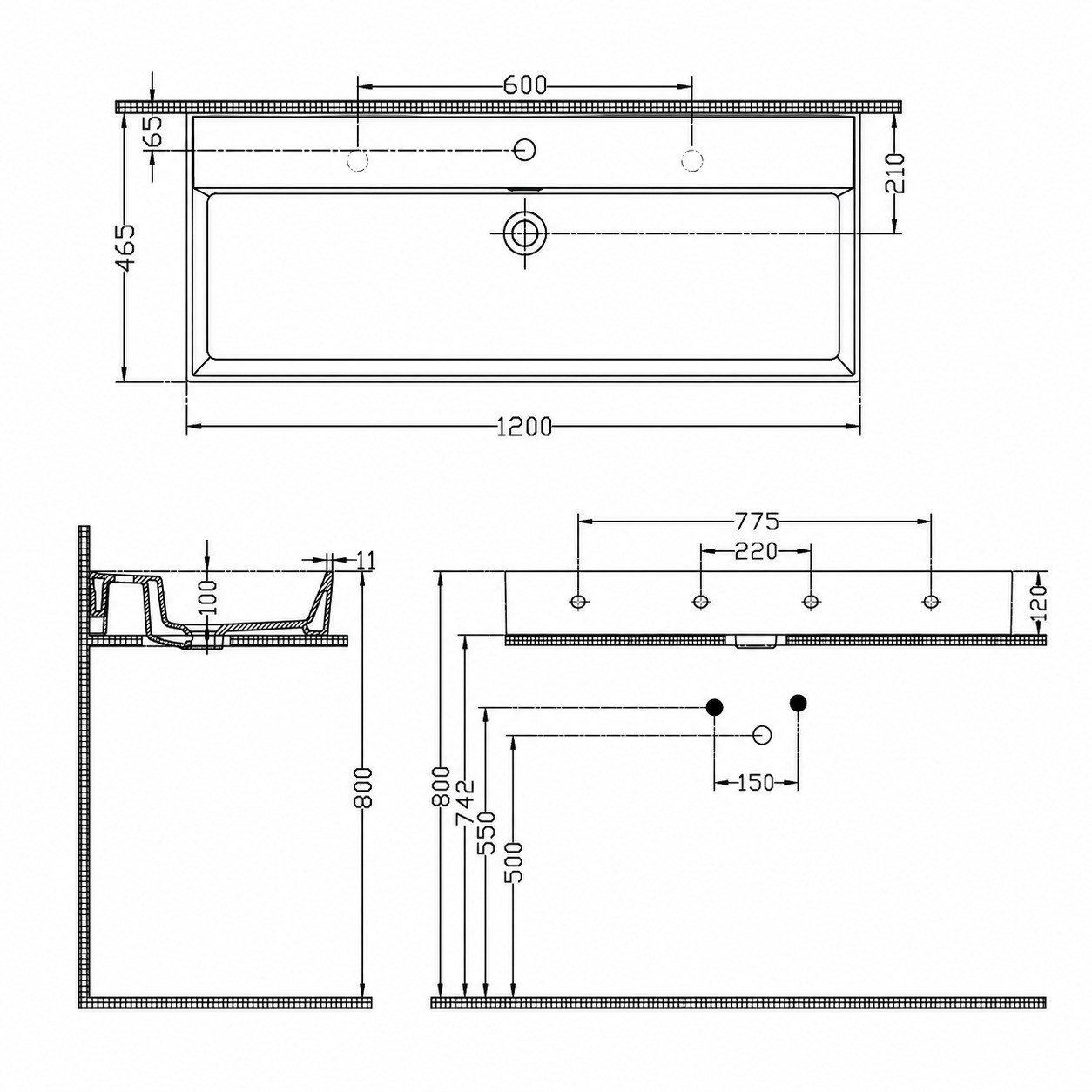 Dura Niva Kare Çanak Lavabo 120x46,5 cm Tezgah Üstü, Çift Batarya Delikli Beyaz | 5260