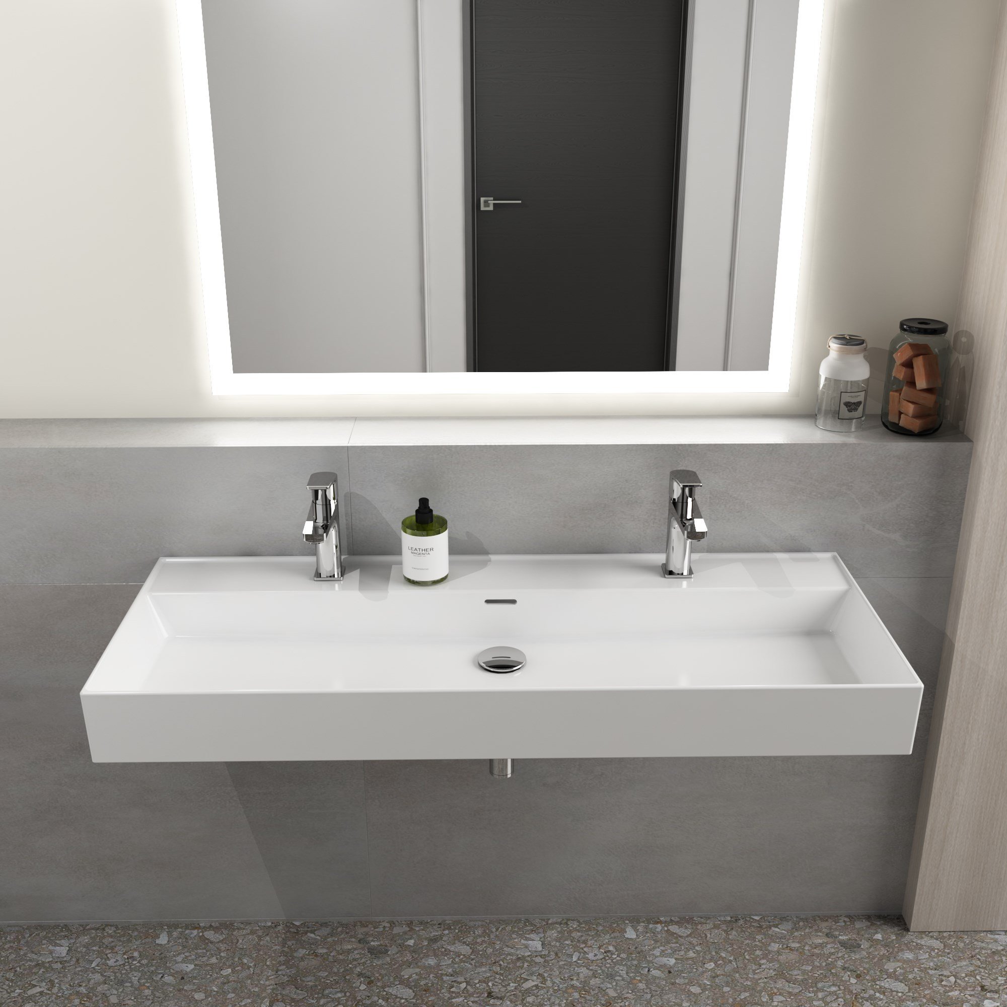 Dura Niva Kare Çanak Lavabo 120x46,5 cm Tezgah Üstü, Çift Batarya Delikli Beyaz | 5260
