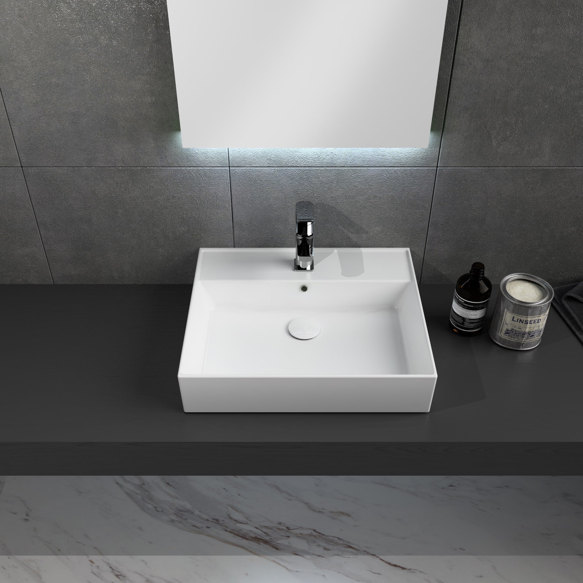 Dura Niva Kare Çanak Lavabo 60x46,5 cm Tezgah Üstü Batarya Delikli Beyaz | 5252