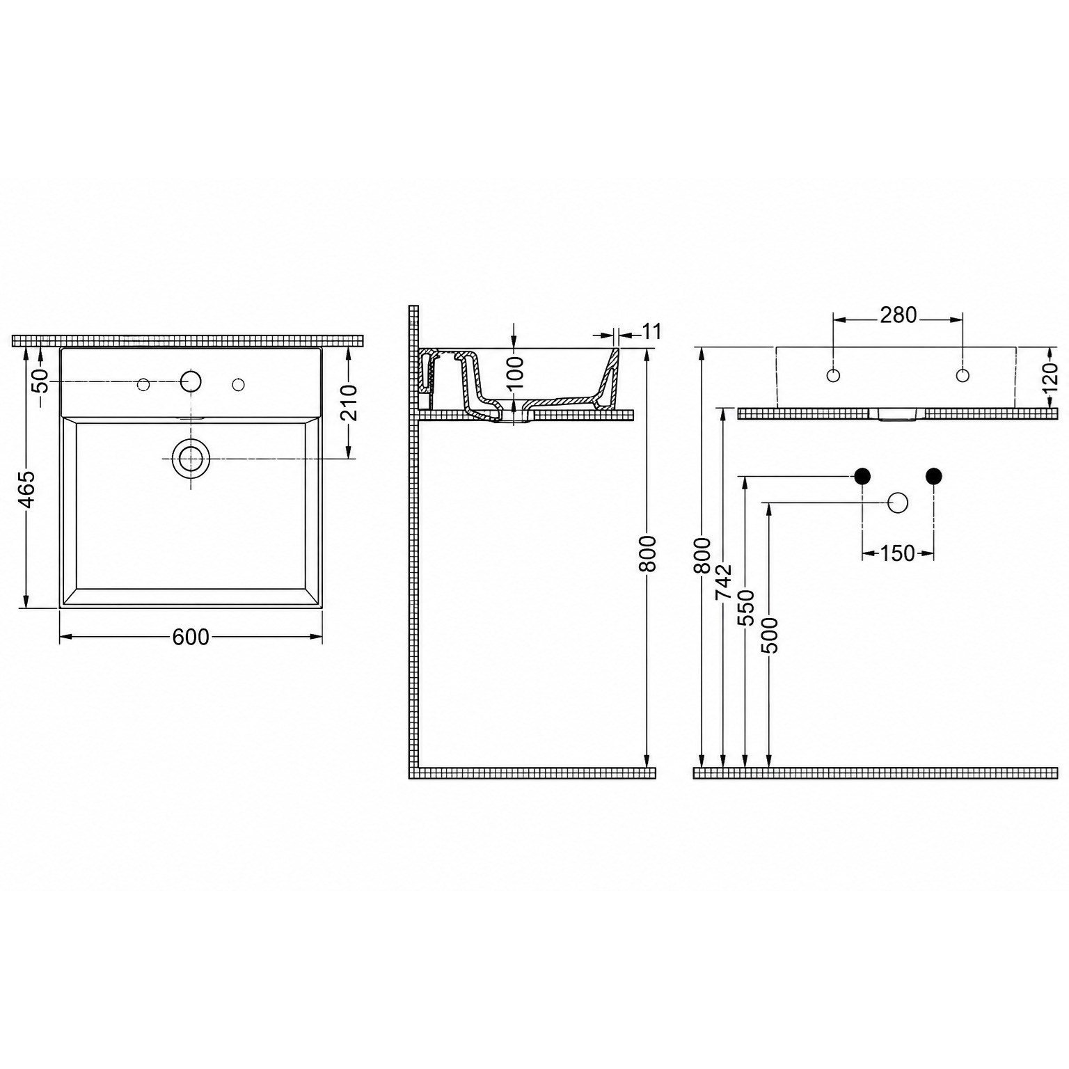 Dura Niva Kare Çanak Lavabo 60x46,5 cm Tezgah Üstü Batarya Delikli Beyaz | 5252