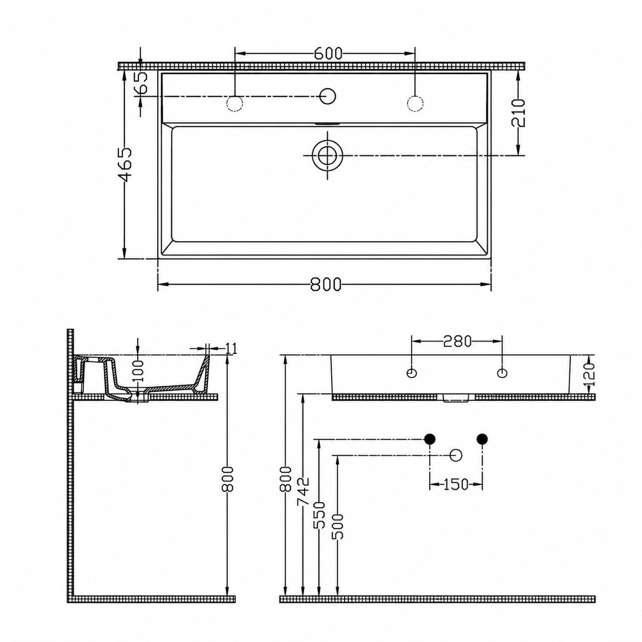 Dura Niva Kare Çanak Lavabo 80x46,5 cm Tezgah Üstü Batarya Delikli Beyaz | 5253
