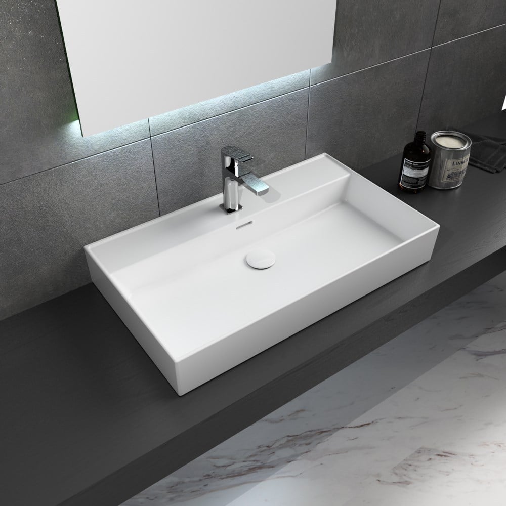 Dura Niva Kare Çanak Lavabo 80x46,5 cm Tezgah Üstü Batarya Delikli Beyaz | 5253
