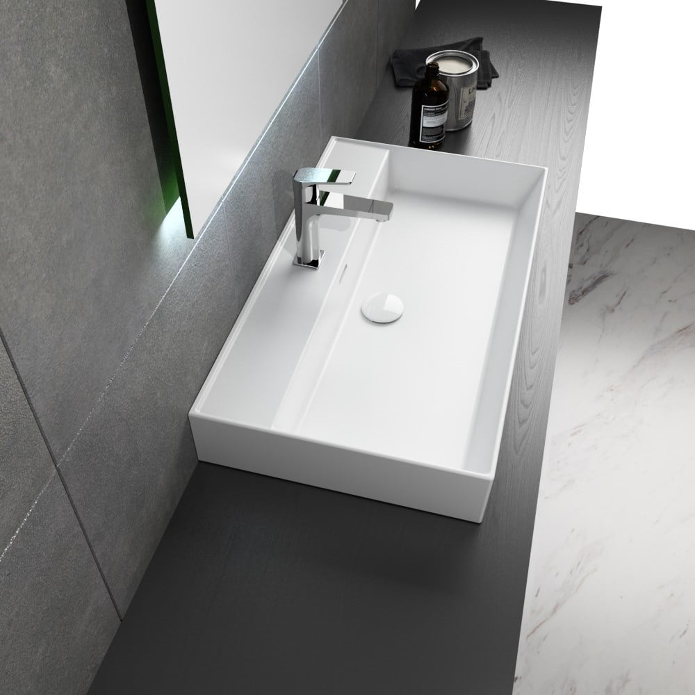 Dura Niva Kare Çanak Lavabo 80x46,5 cm Tezgah Üstü Batarya Delikli Beyaz | 5253
