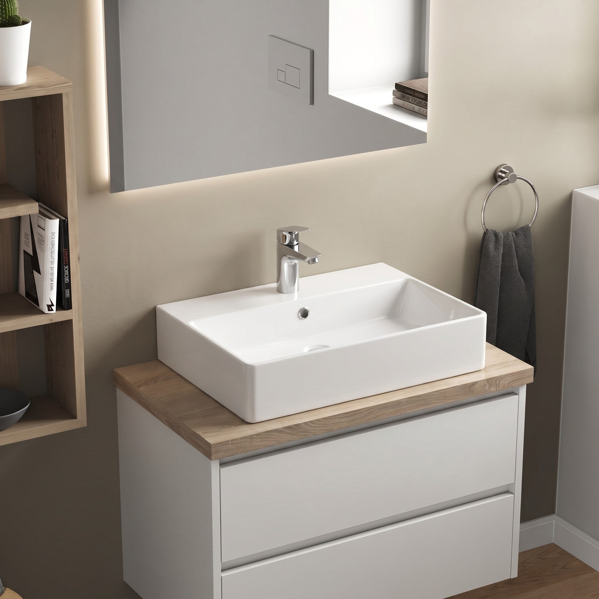 Dura Twins Kare Çanak Lavabo 60x42 cm Tezgah Üstü Batarya Delikli Beyaz | 5871