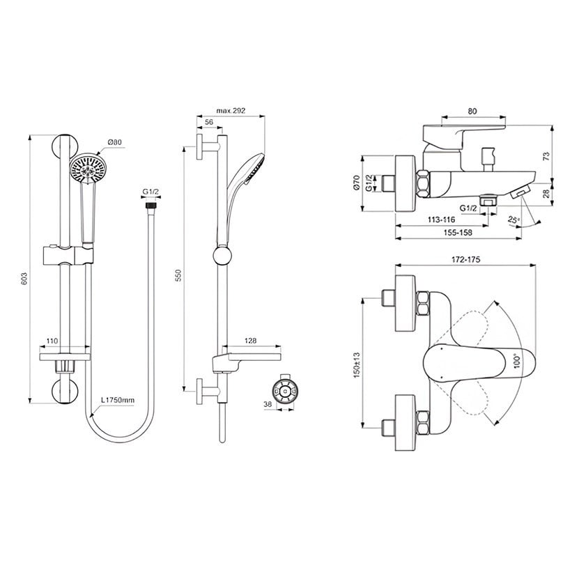 Ideal Standard Cerafine O Banyo Bataryası + Idealrain Duş Seti, 2 Fonksiyonlu, Krom, 2 Parça