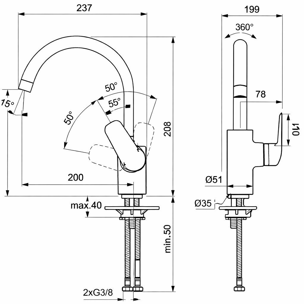 Ideal Standard Ceraflex Kuğu Eviye Bataryası-Krom | B1727AA
