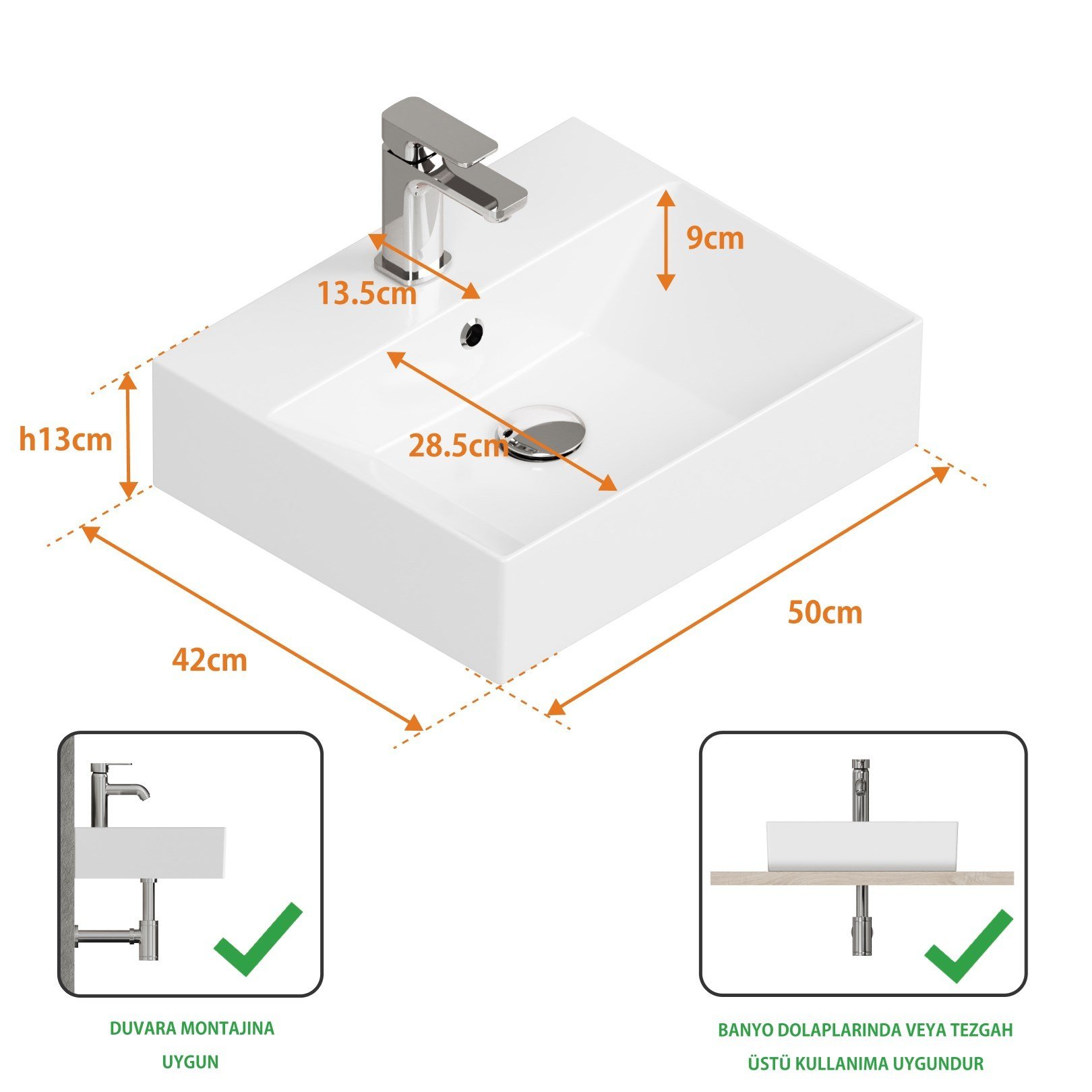 ISVEA Sistema Z Tezgah Üstü Kare Lavabo 50x42 cm Slim Batarya Delikli Beyaz | 10SF50051