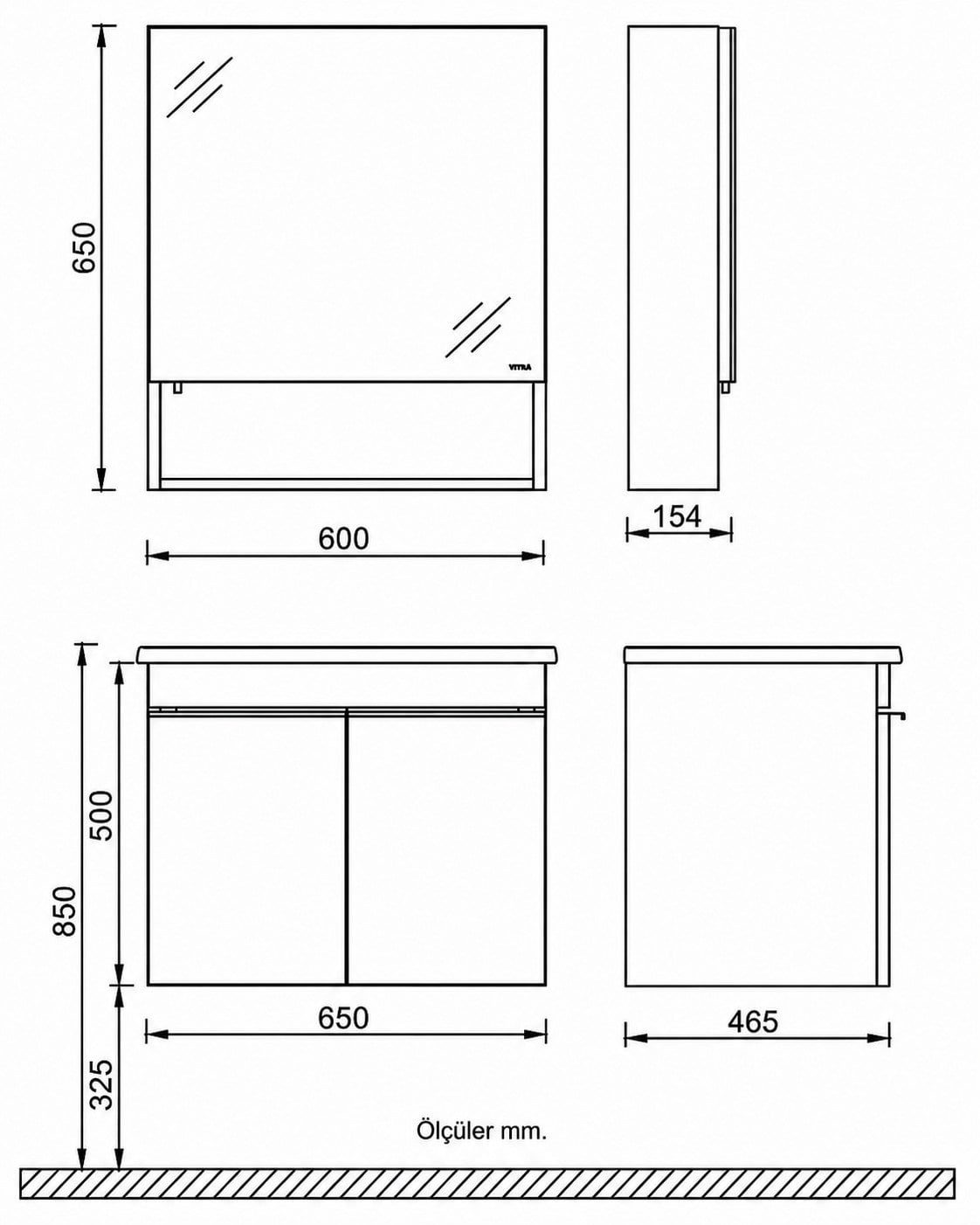 Isvea Terni Banyo Dolap Seti 65 cm Aynalı Üst Dolap Dahil Lavabolu Beyaz | ISV.50.35.01.01