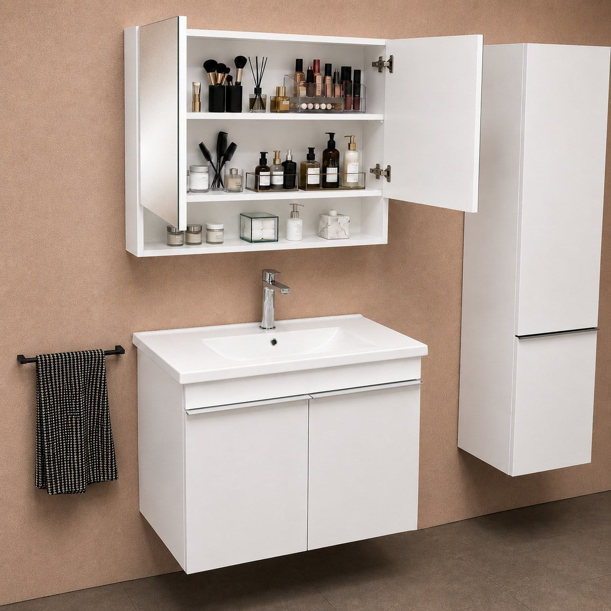 Isvea Terni Banyo Dolap Seti 80 cm Aynalı Üst Dolap Dahil Lavabolu Beyaz | ISV.50.35.01.02