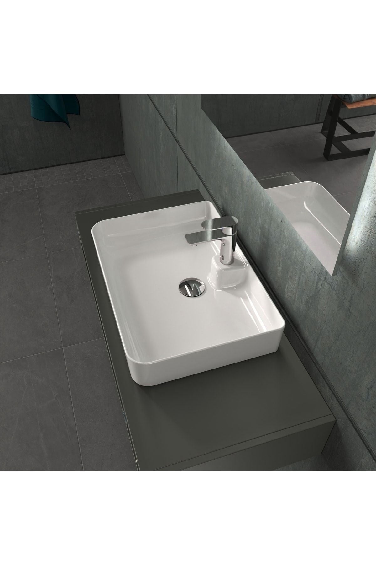 Mestola Tezgah Üstü Kare Çanak Lavabo Batarya Delikli 60x42 Cm Beyaz | 19.31.60.1.NO