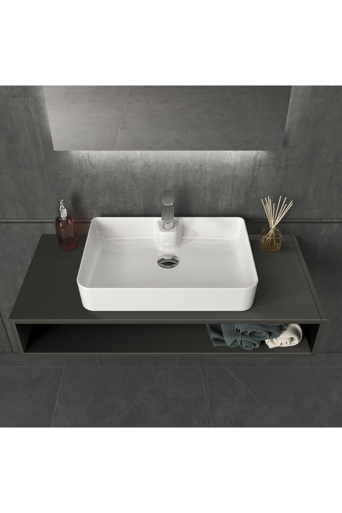 Mestola Tezgah Üstü Kare Çanak Lavabo Batarya Delikli 60x42 Cm Beyaz | 19.31.60.1.NO