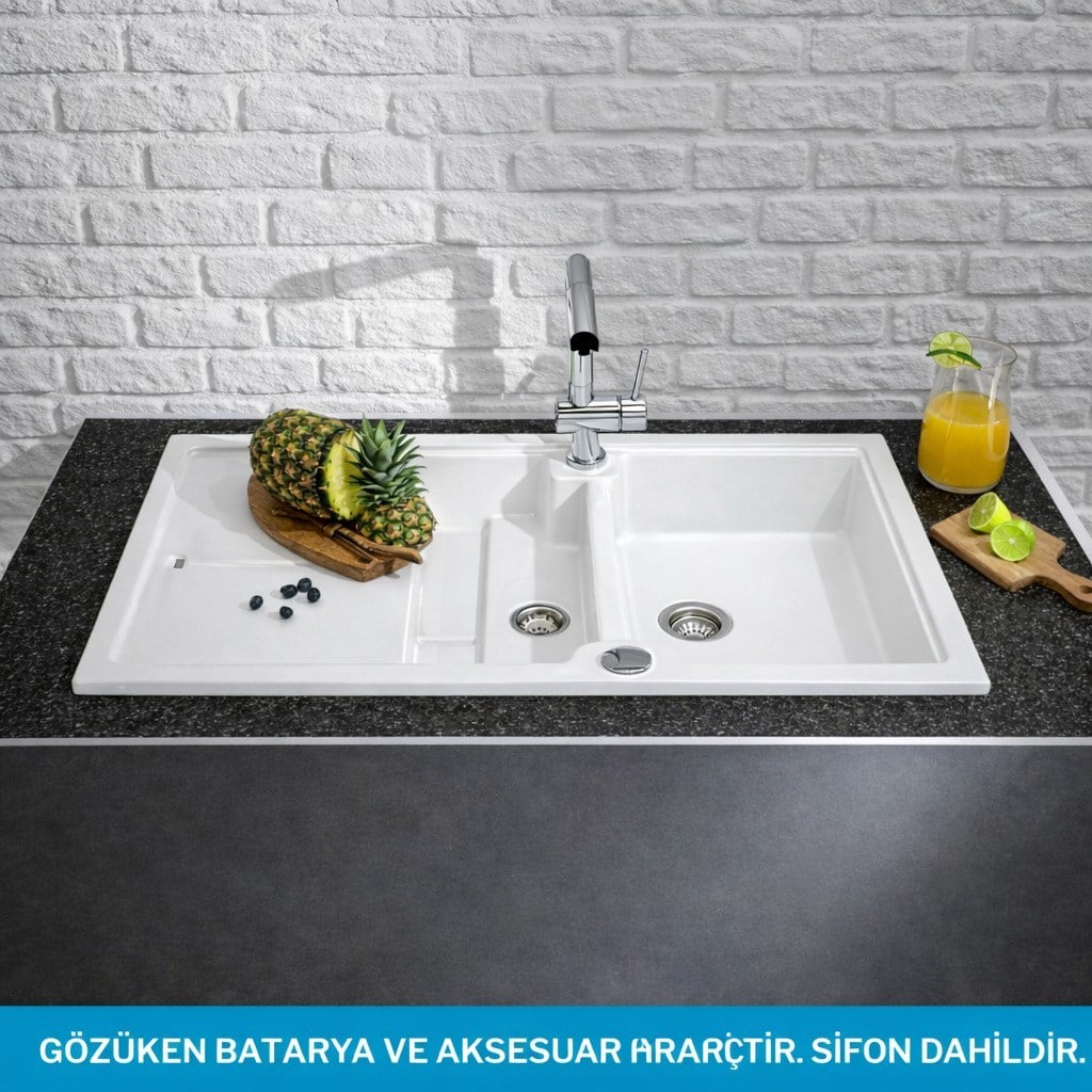 Nuevo Sonas 6 S Seramik Eviye 60 cm 1,5 Gözlü Parlak Beyaz Çift Yönlü  – 304162