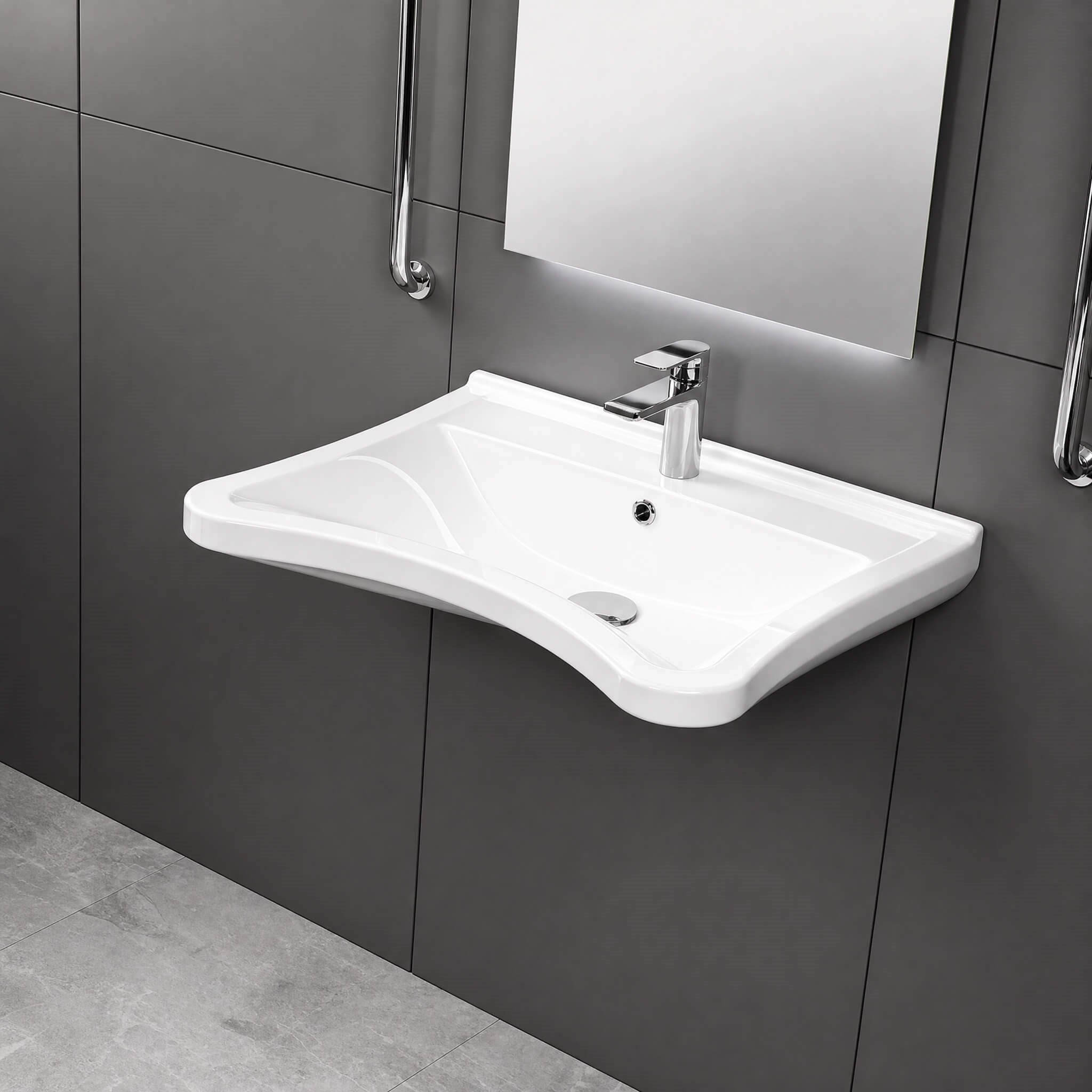 Quarter Bath Engelli Lavabo 50x60 cm – Duvara Asma Seramik Lavabo – Tekerlekli Sandalye Uyumlu – Parlak Beyaz | 70SD20060