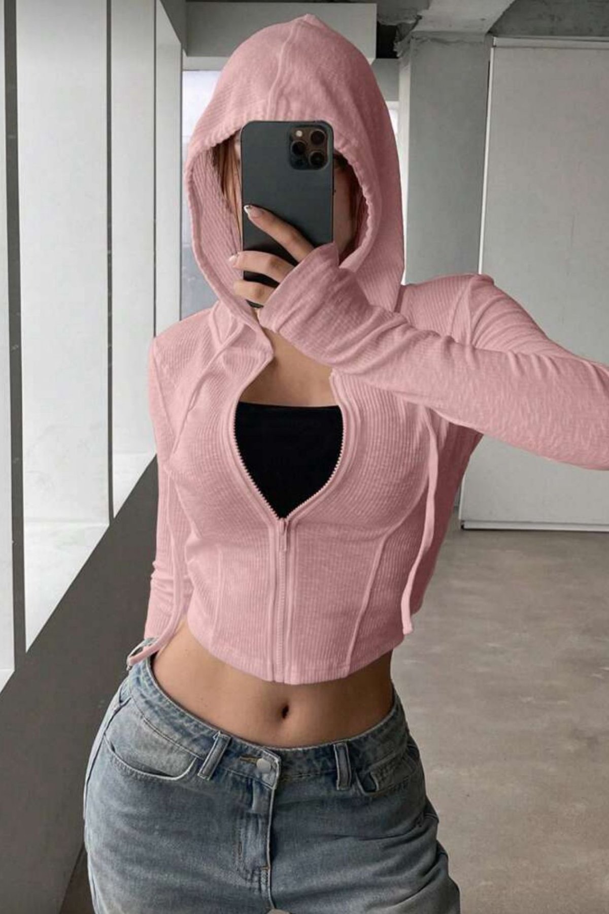 Pembe Rolly Basic Slim Fit Fermuarlı Bluz