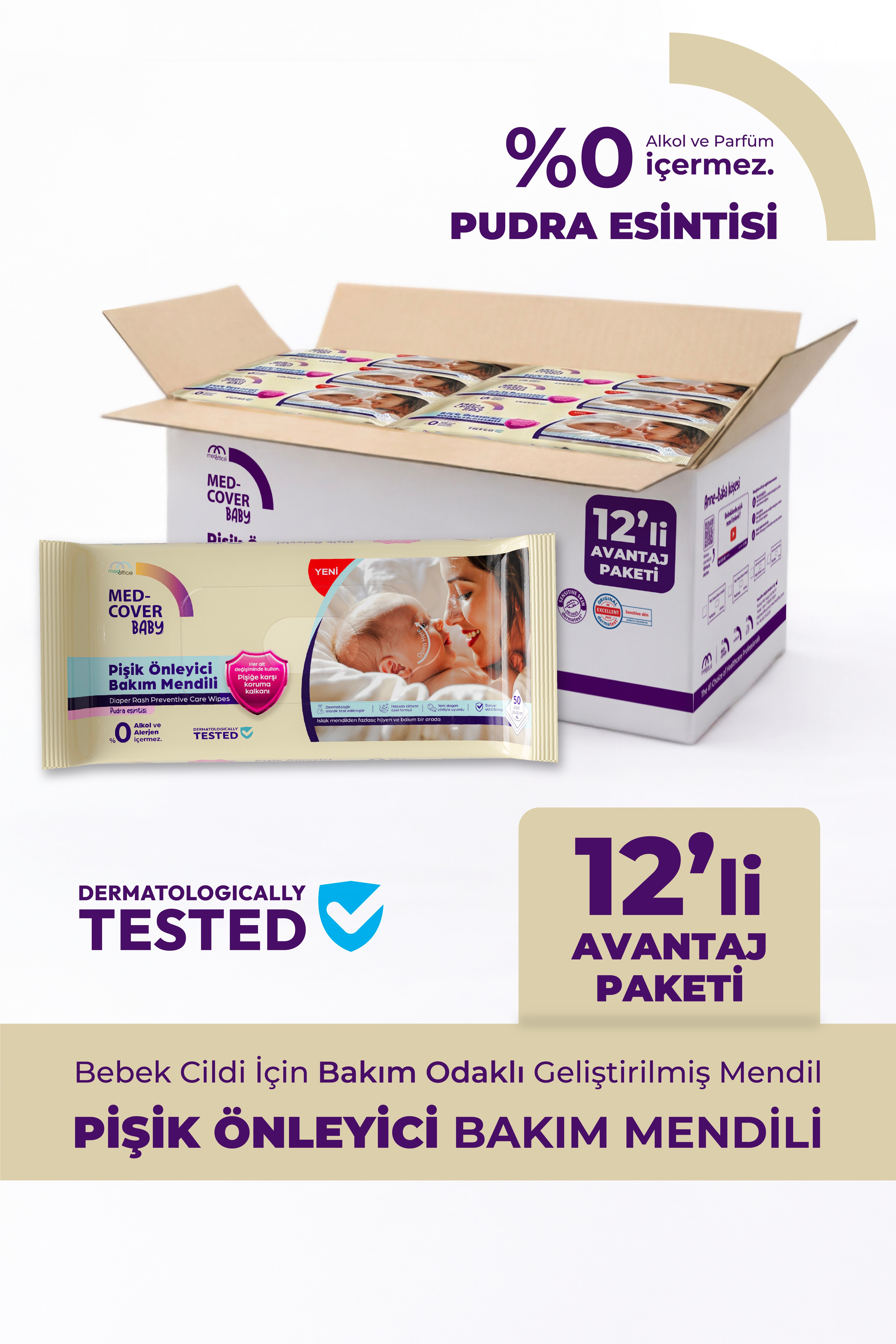 Med-Cover Baby Pişik Önleyici Bakım Mendili – Pudra Esintisi  / 50'li x 12 Avantaj Paketi 