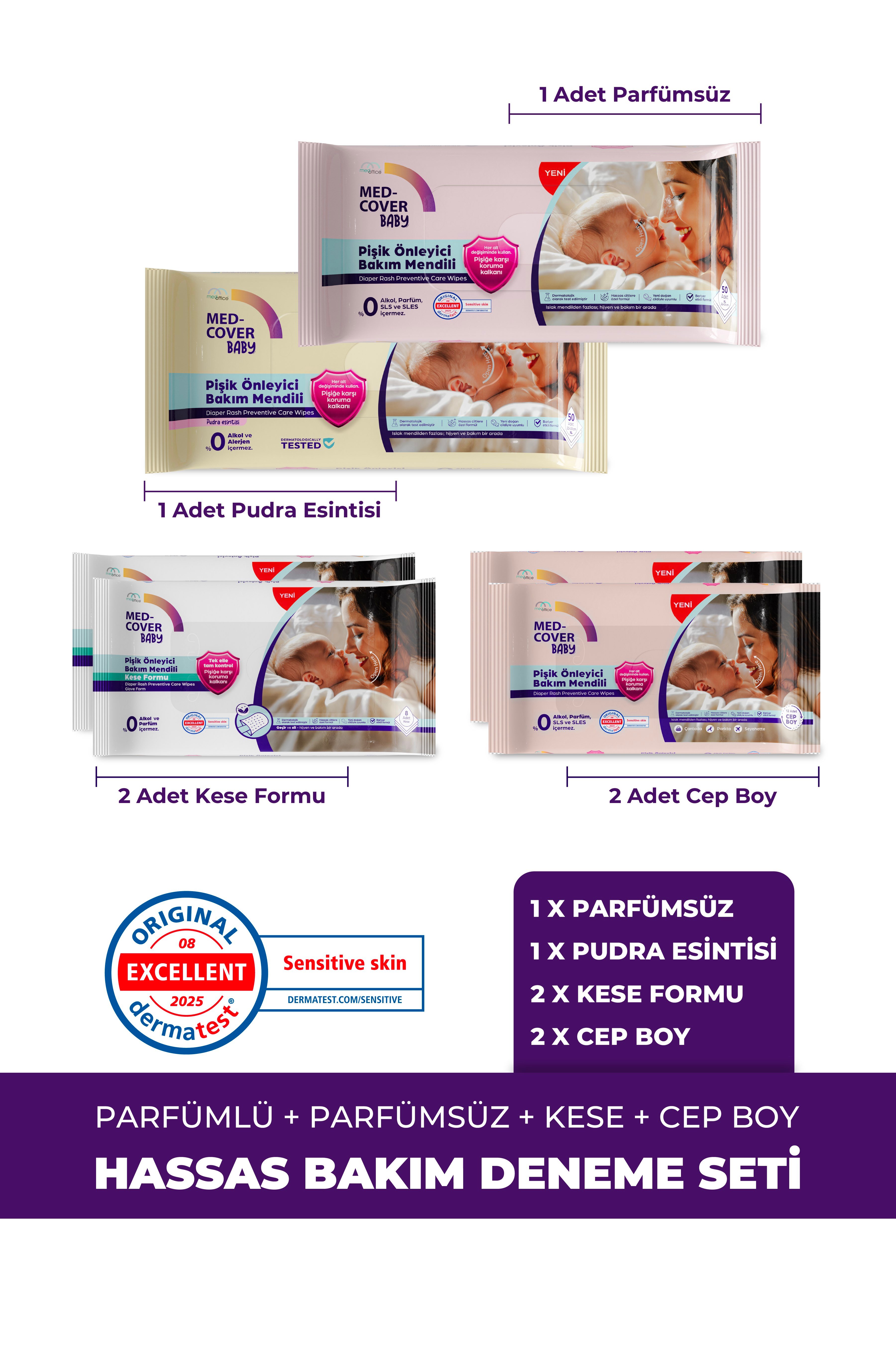 MED-COVER Baby Pişik Önleyici Bakım Mendil Seti – Parfümlü 50'li  + Parfümsüz 50'li + 2 Kese + 2 Cep Boy
