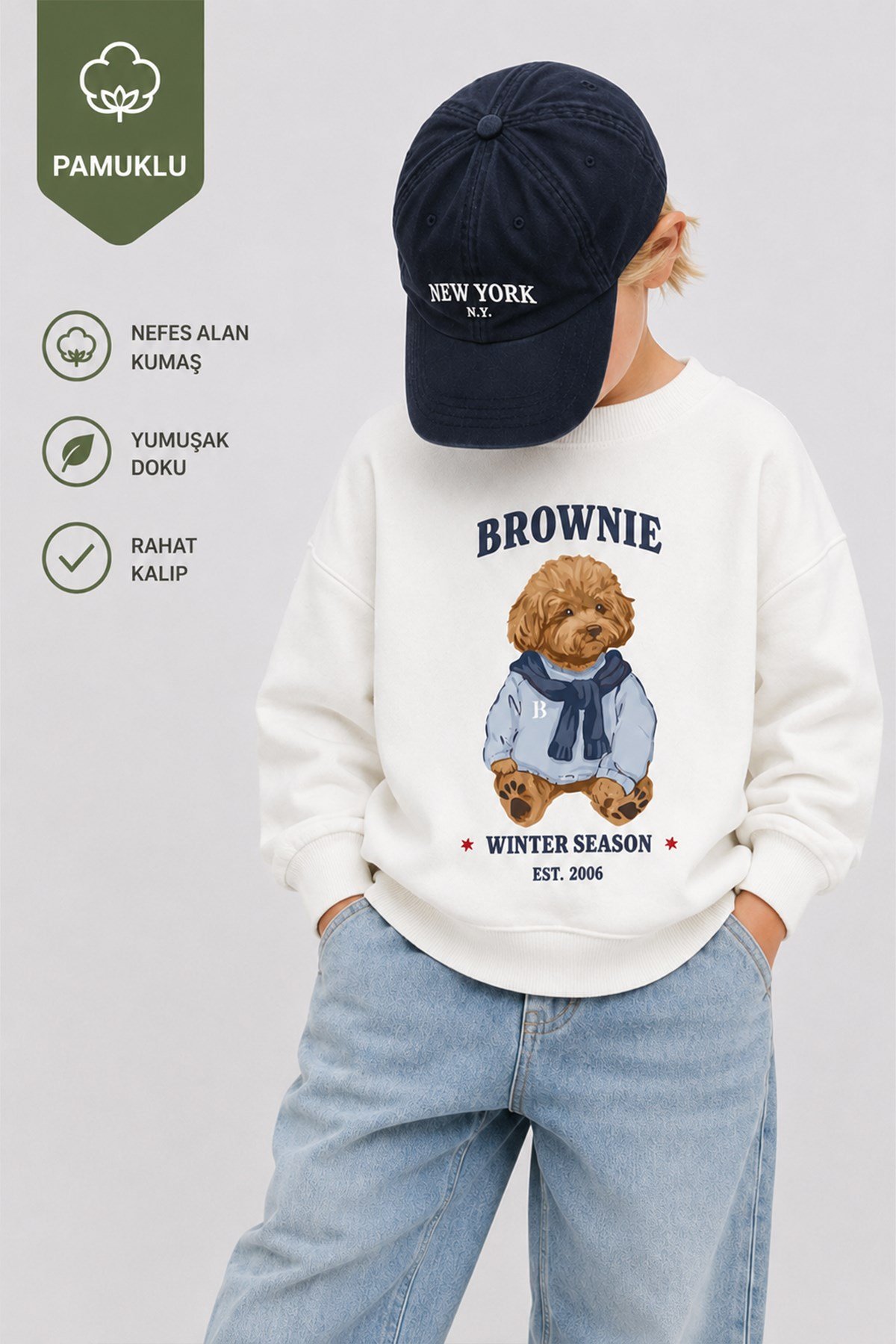 Erkek Çocuk 3 İplik Kumaş Ayıcık Baskılı Pamuklu Sweatshirt