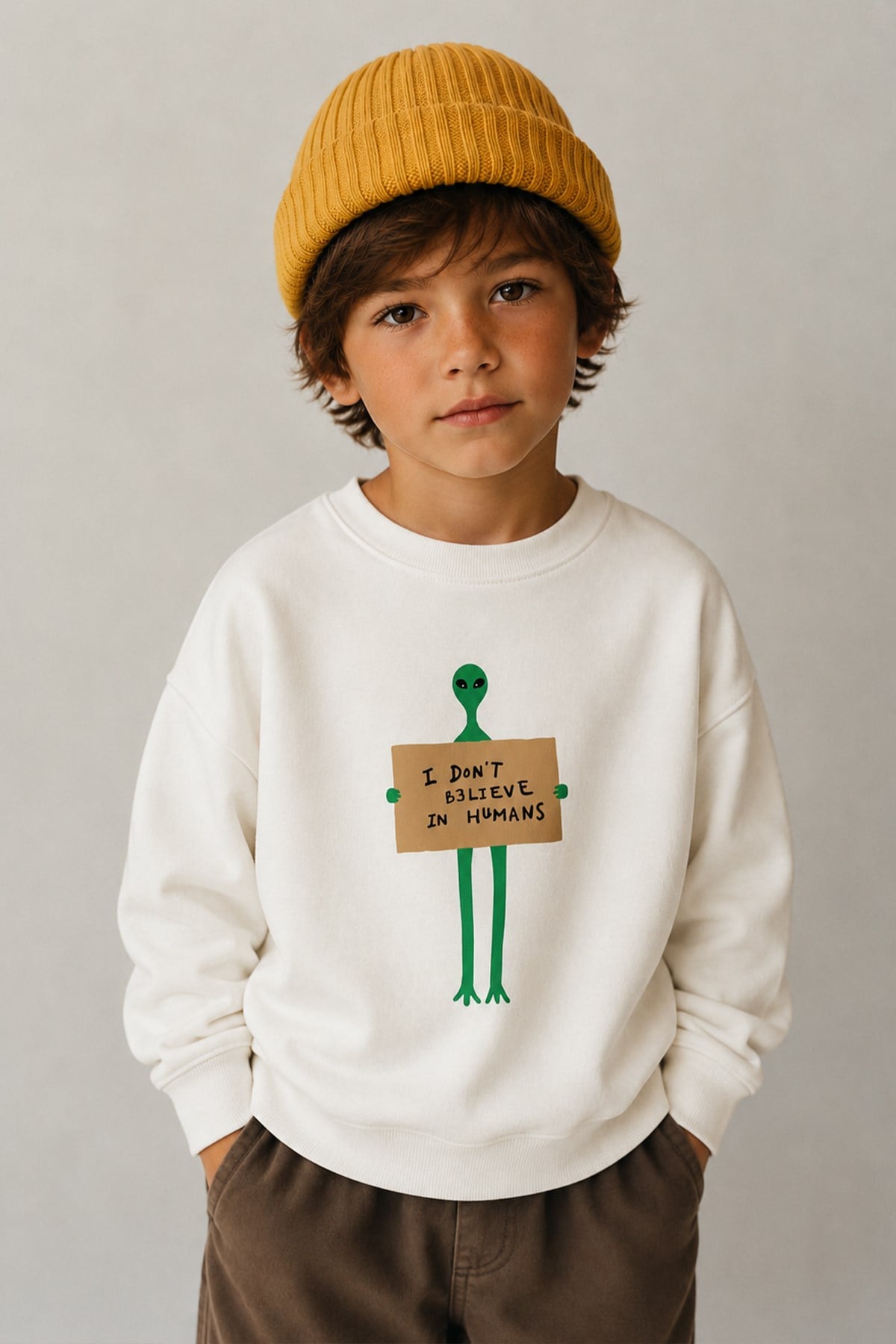 Erkek Çocuk 3 İplik Kumaş Uzaylı Baskılı Pamuklu Sweatshirt