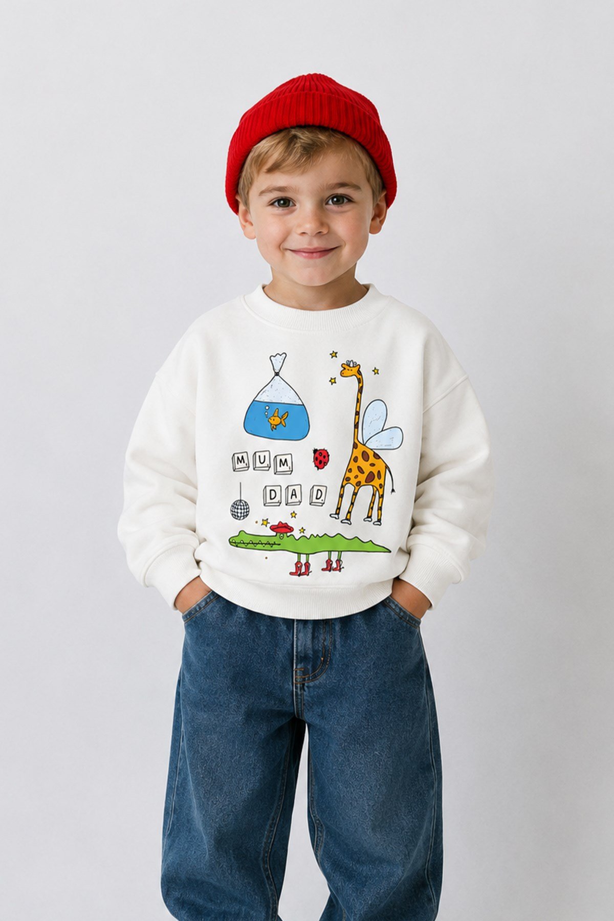 Erkek Çocuk 3 İplik Kumaş Zürafa Baskılı Pamuklu Sweatshirt