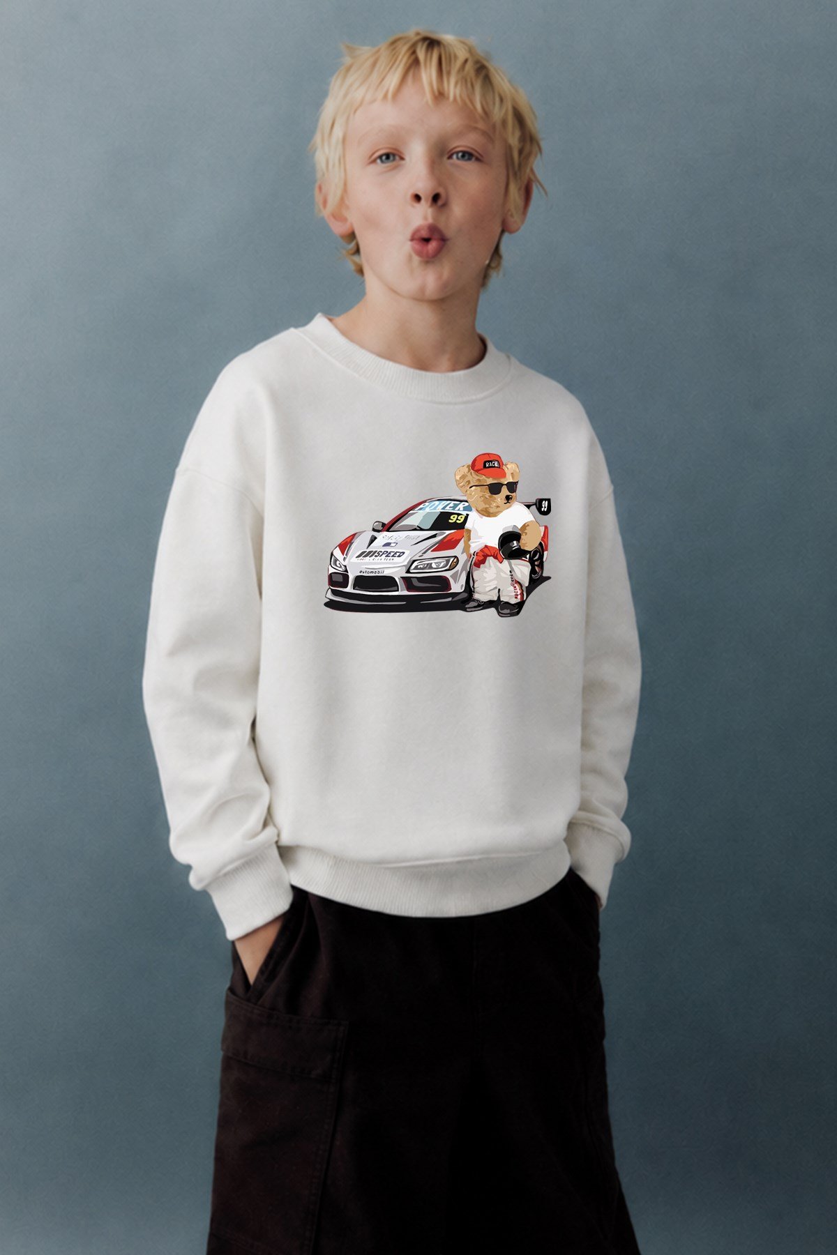 Erkek Çocuk Ayıcık Baskılı 3 İplik Kumaş Pamuklu Sweatshirt