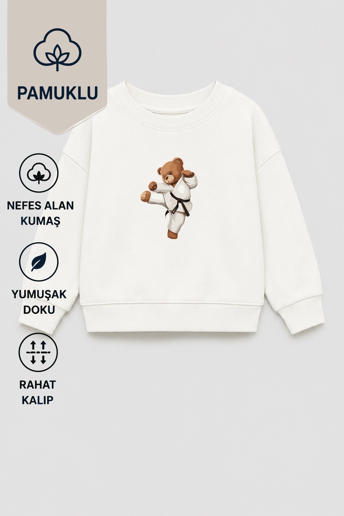 Erkek Çocuk Ayıcık Baskılı 3 İplik Kumaş Pamuklu Sweatshirt