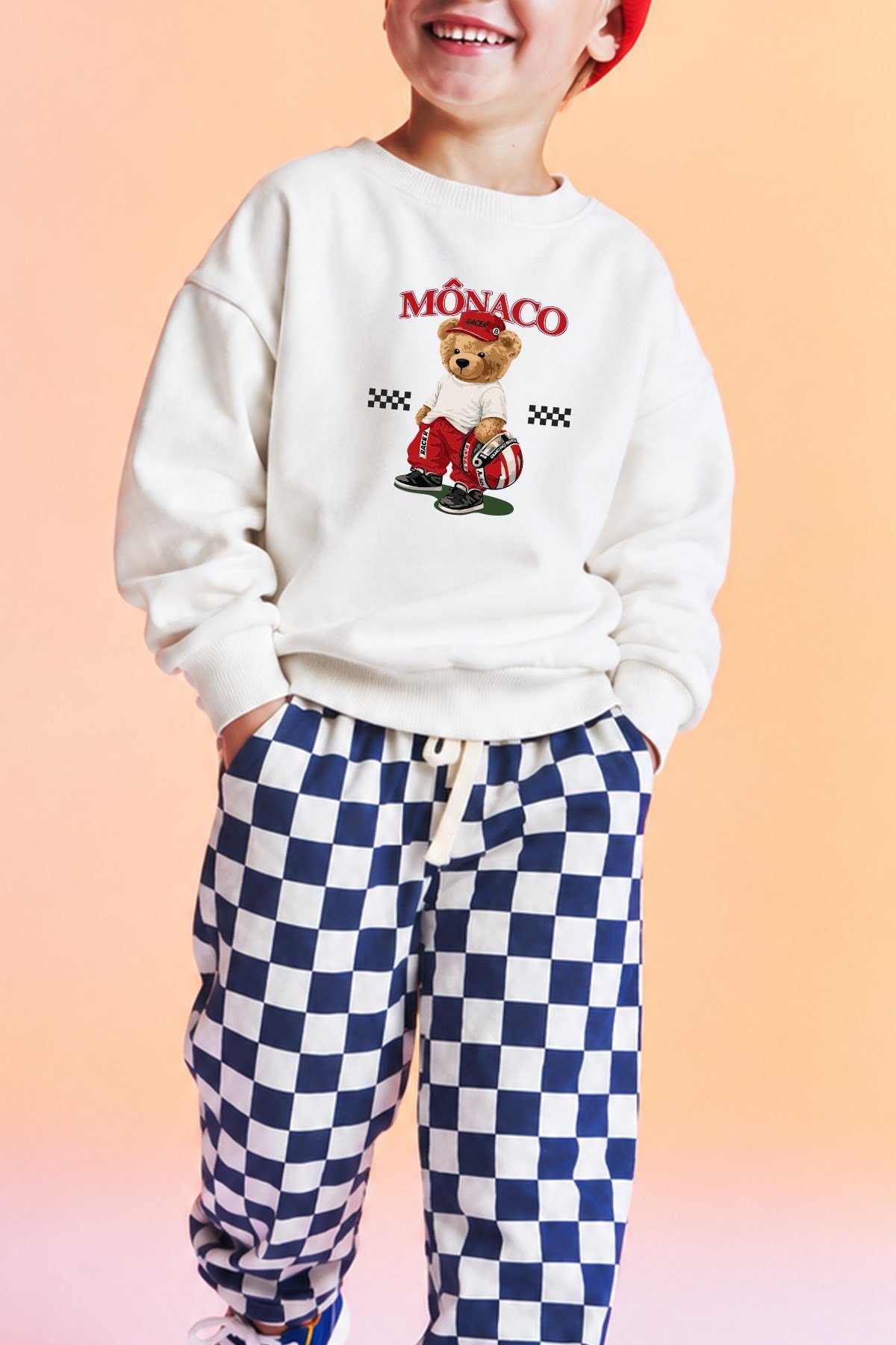 Erkek Çocuk Ekru Ayıcık Baskılı 3 İplik Kumaş Pamuklu Sweatshirt ve Lacivert Damalı Eşofman  Altüst Takım