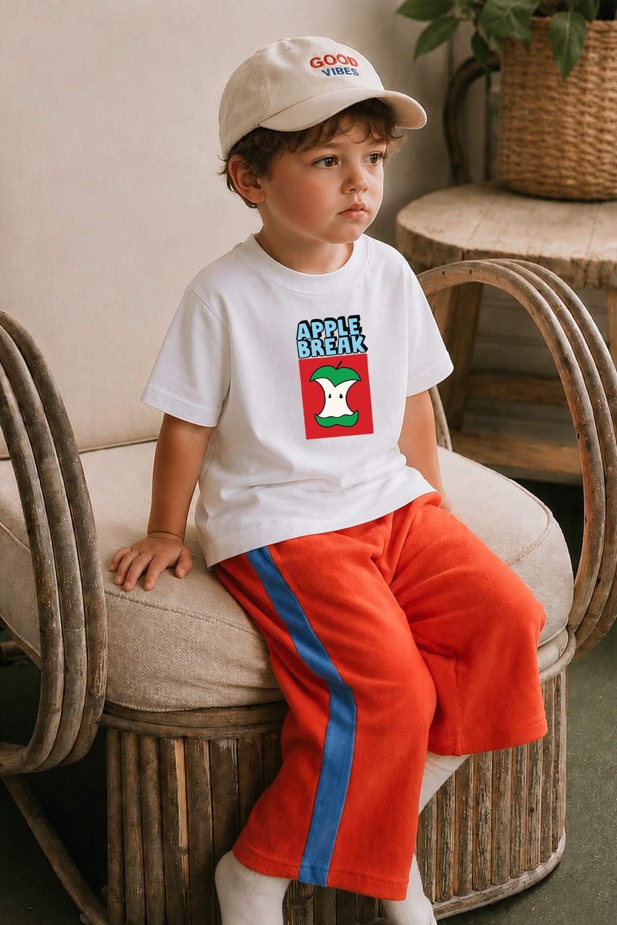 Erkek Çocuk Pamuklu Bisiklet Yaka Elma Baskılı T-Shirt