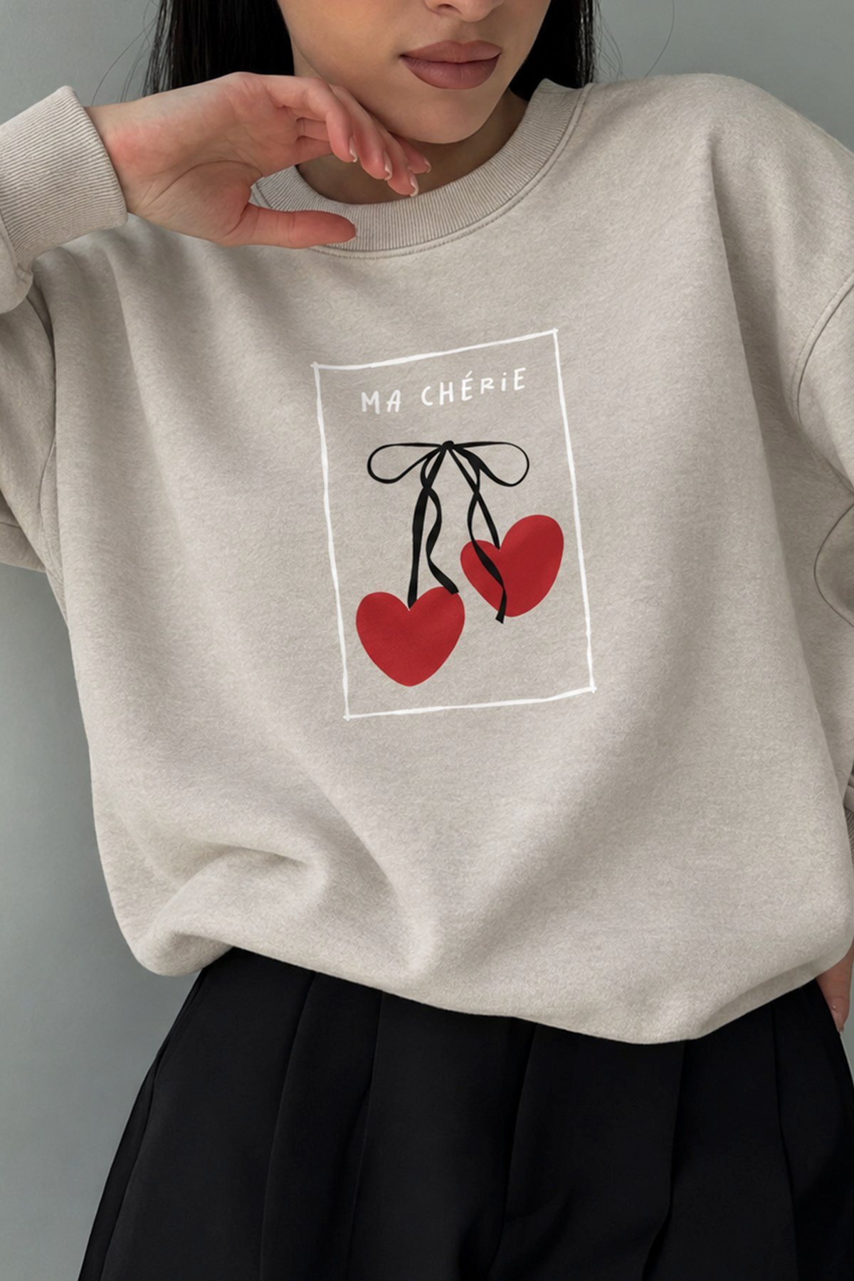 Kadın Premium Kumaş 3 İplik Kiraz Baskılı Sweatshirt