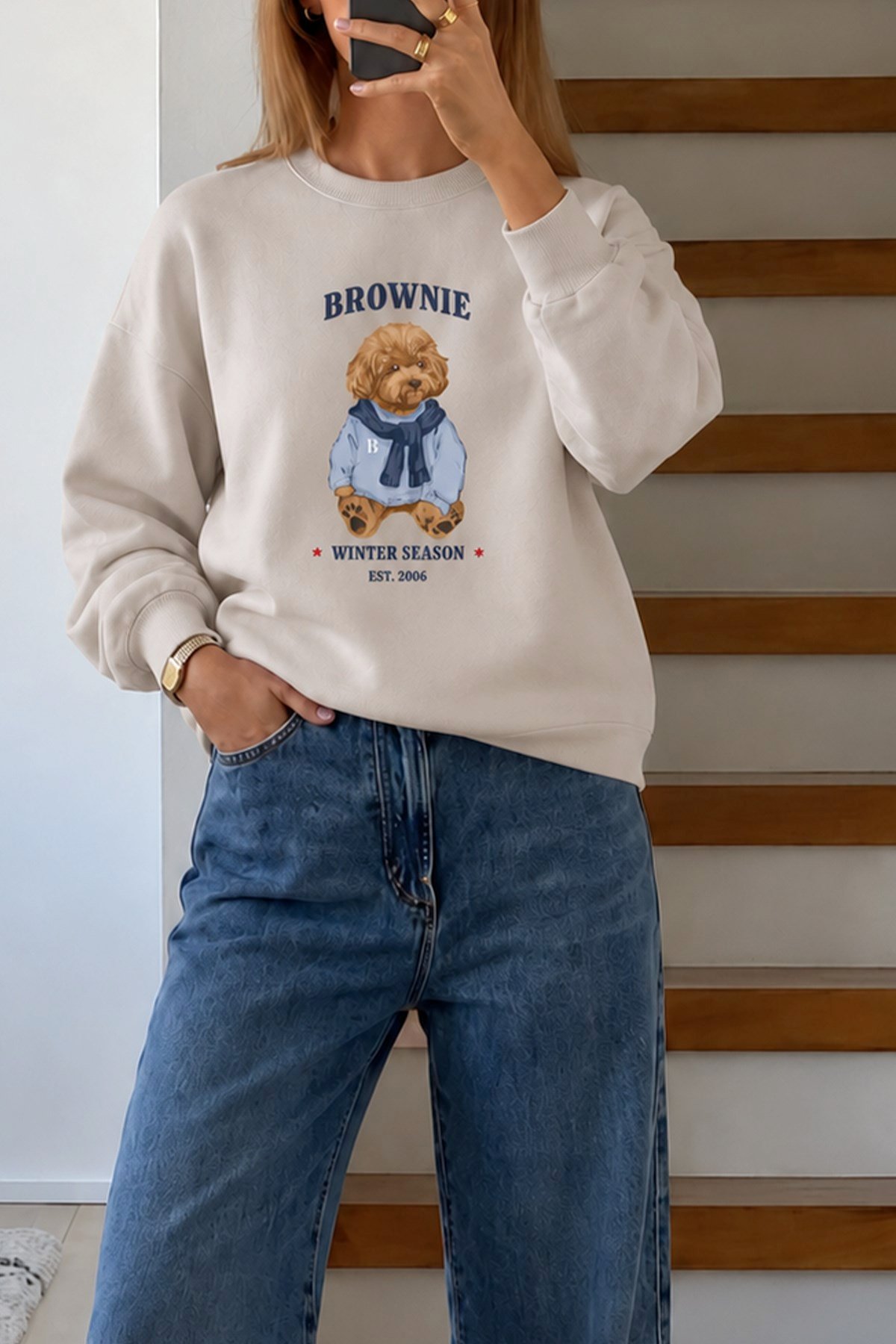 Kadın Premium Kumaş 3 İplik Şardonlu Ayıcık Baskılı Sweatshirt