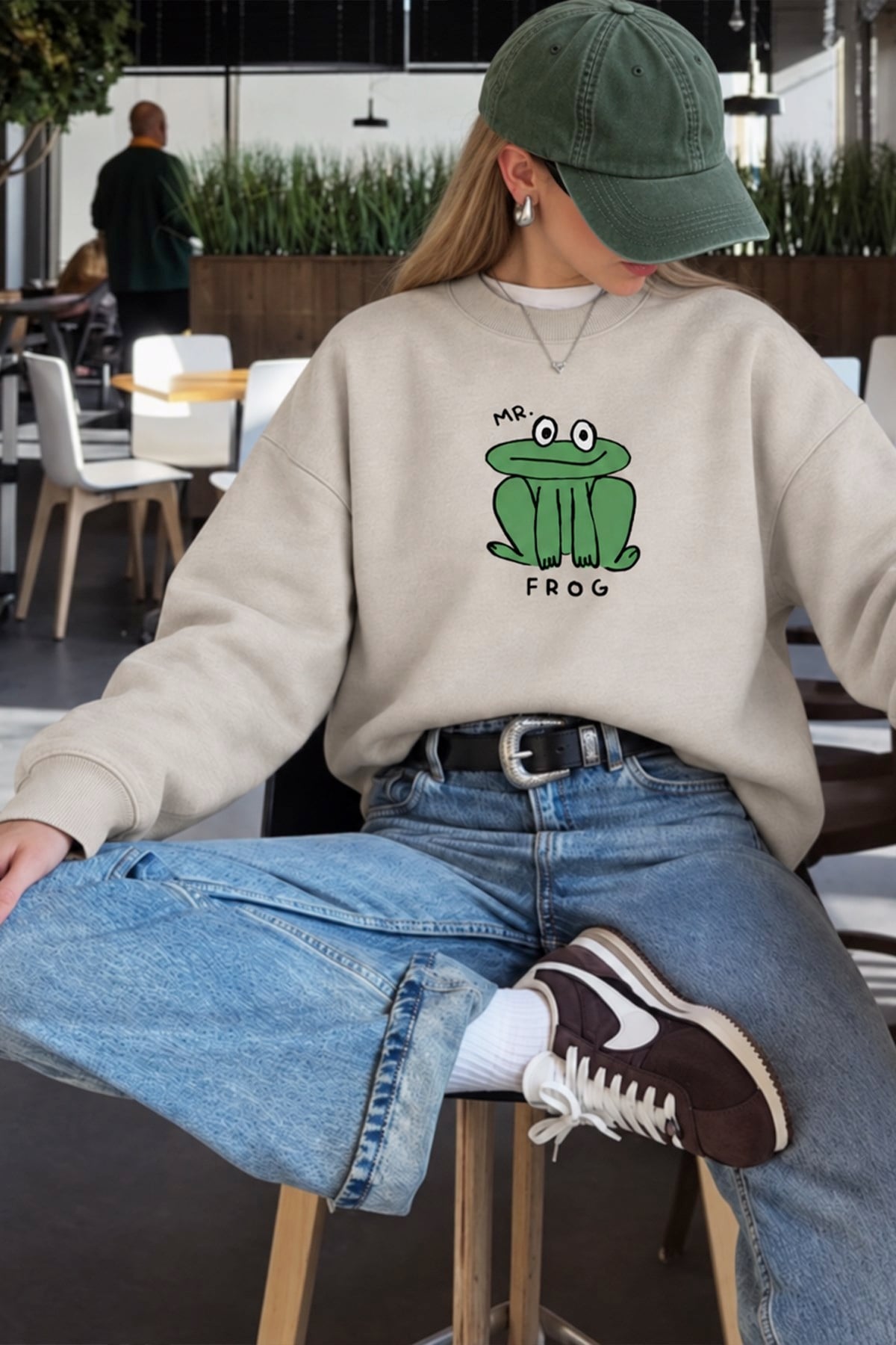 Kadın Premium Kumaş 3 İplik Şardonlu Kurbağa Baskılı Sweatshirt