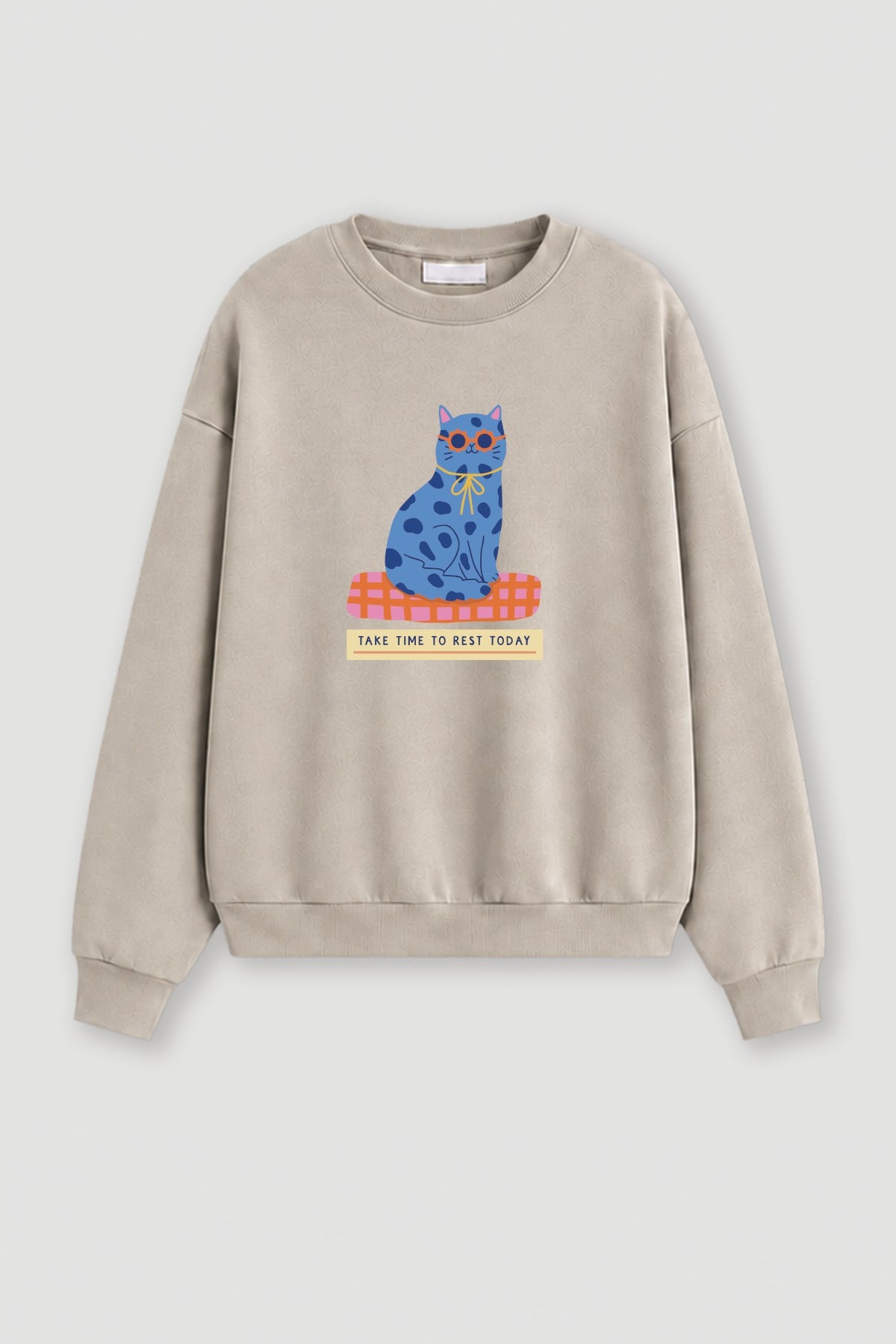 Kadın Premium Kumaş 3 İplik Şardonlu Kedi Baskılı Sweatshirt
