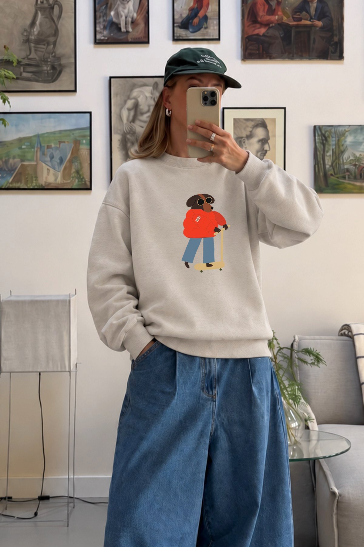 Kadın Premium Kumaş 3 İplik Şardonlu Köpek Baskılı Sweatshirt
