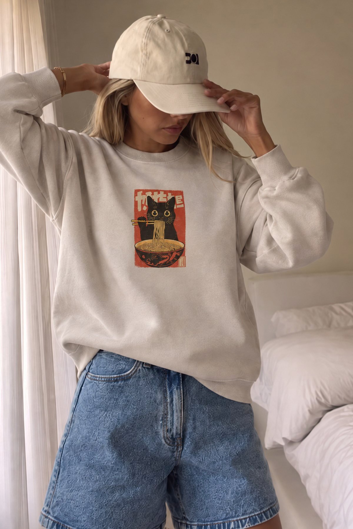 Kadın Premium Kumaş 3 İplik Şardonlu Noodle Baskılı Sweatshirt