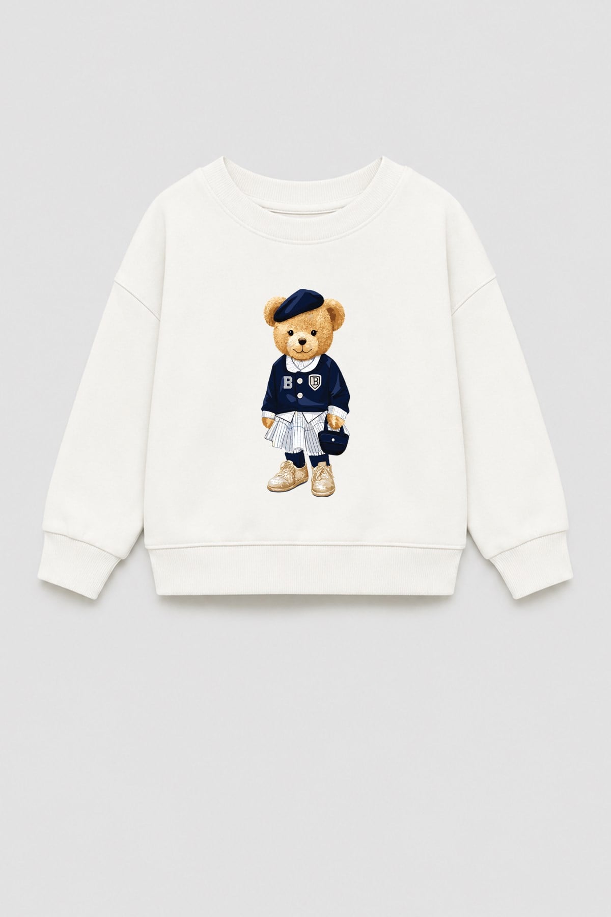 Kız Çocuk 3 İplik Kumaş Pamuklu Ayıcık Baskılı Sweatshirt