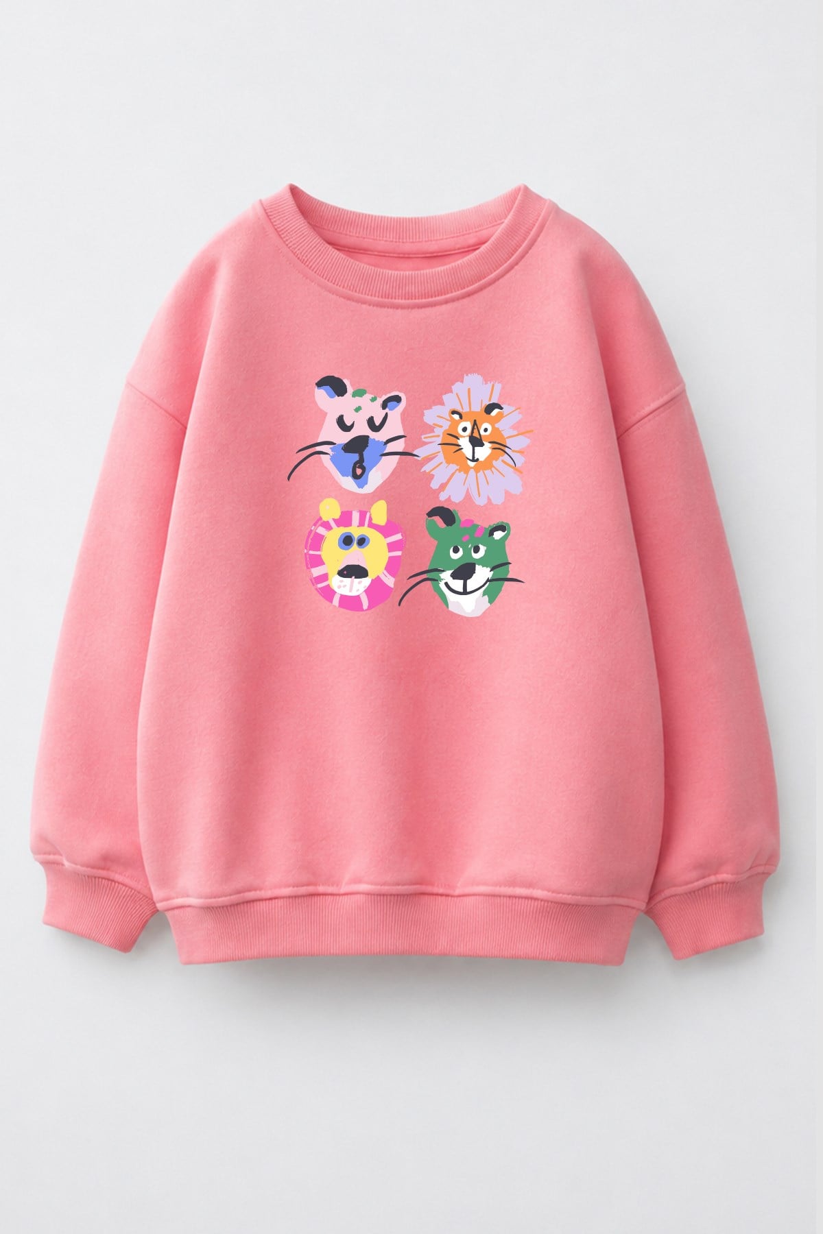 Kız Çocuk 3 İplik Kumaş Pamuklu Hayvan Baskılı Sweatshirt
