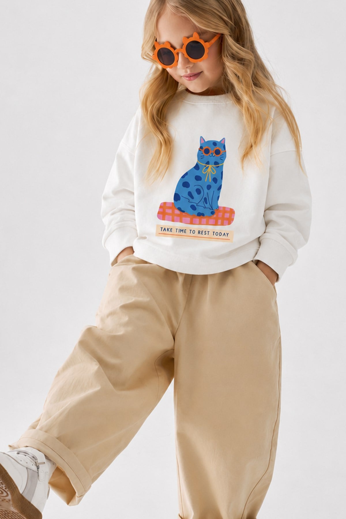 Kız Çocuk 3 İplik Kumaş Pamuklu Mavi Kedi Baskılı Sweatshirt