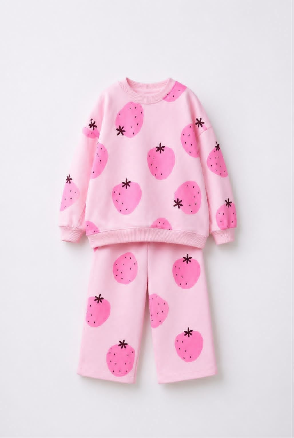 Kız Çocuk Pembe Çilek Baskılı 3 İplik Kumaş Geniş Paça Altüst Eşofman Takım