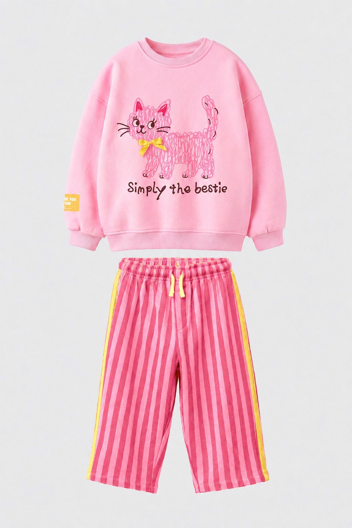 Kız Çocuk Pembe Kedi Baskılı Sweatshirt ve Pembe Çizgili Eşofman Alt Üst Takım