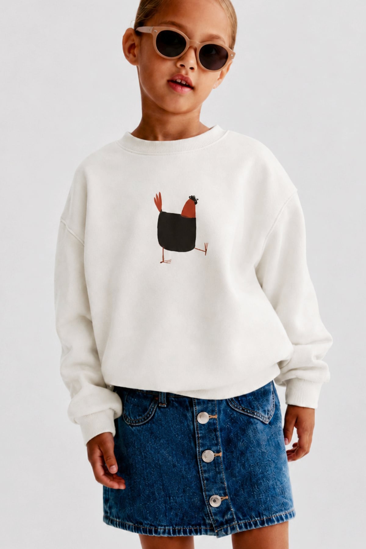 Unisex Çocuk 3 İplik Kumaş Pamuklu Tavuk Baskılı Sweatshirt